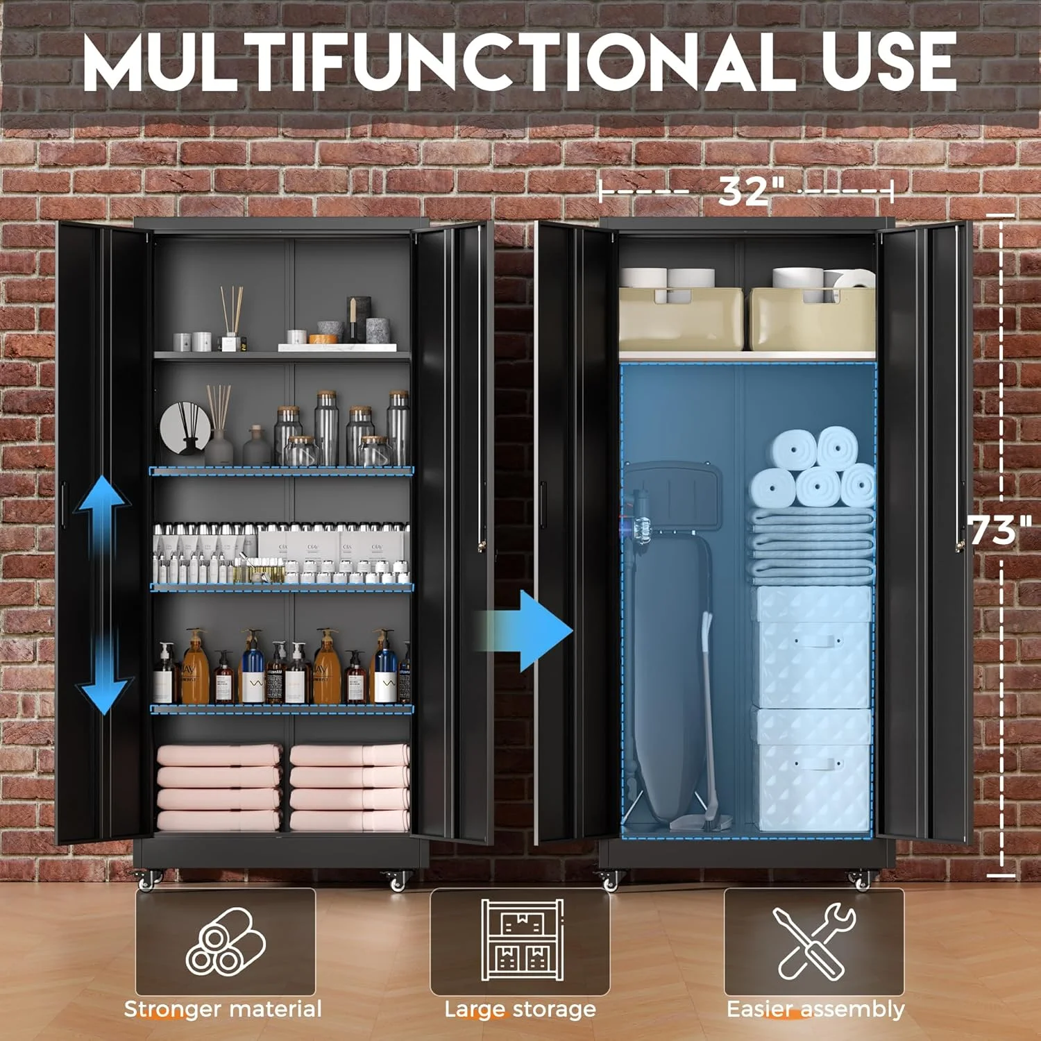 SOLAURA Metal Storage Cabinet with Wheels, 73" Garage Rolling Cabinet with Locking Door and 4 Shelves, Tool Cabinet on Caster for Home, Office, Black - Image 8