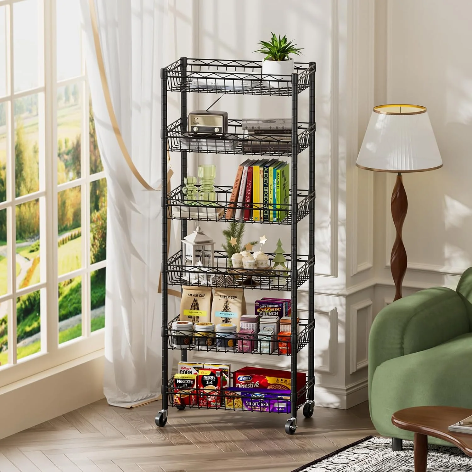 6 Tier Wire Shelving Unit with Wheels Baskets Storage Rack Corner Shelves Adjustable Shelf Closet Bathroom Organizers Metal Pantry Kitchen Garage Laundry Room 13.5" D x 13.5" W x 63" H Silver - Image 19