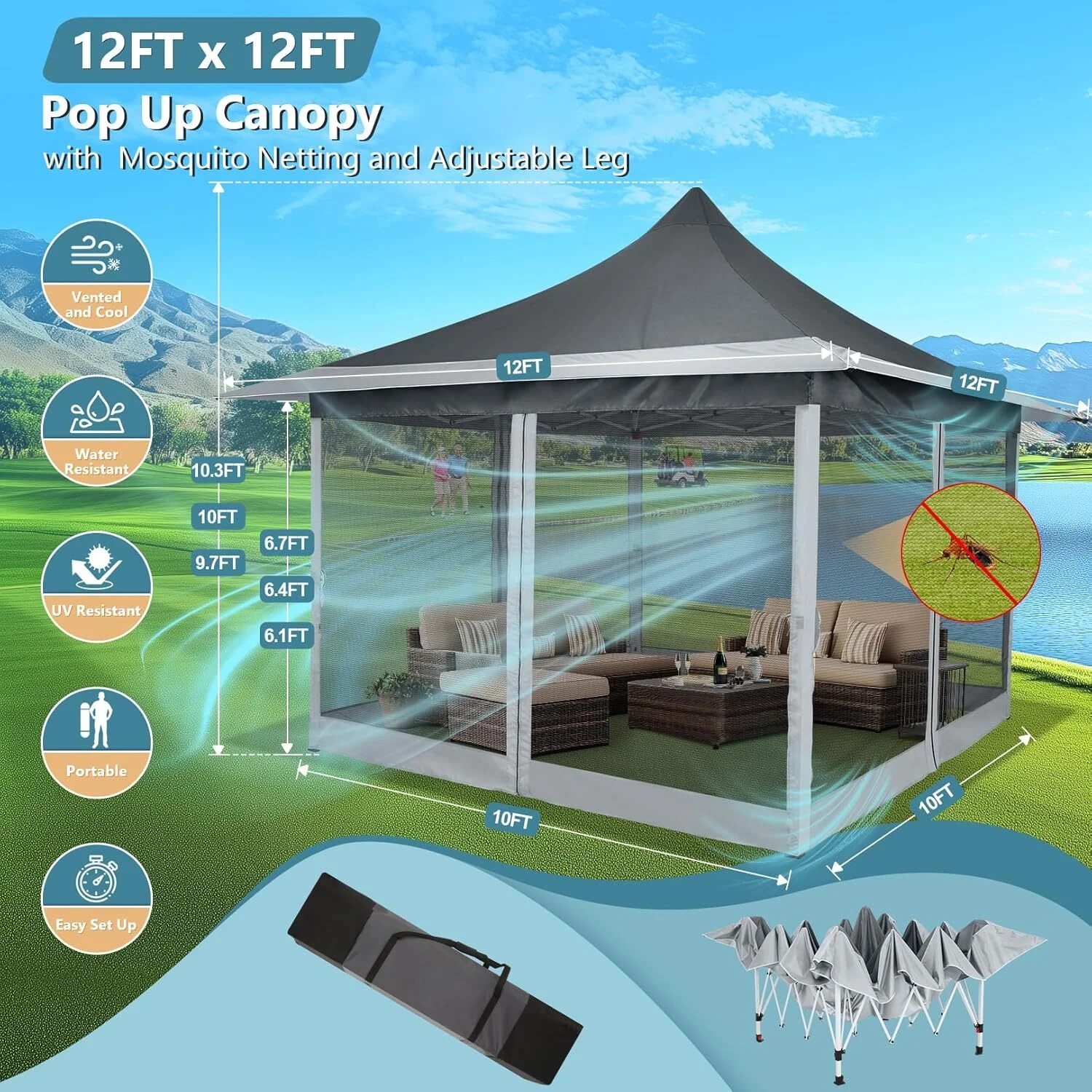 COBIZI 11x11 Pop up Gazebo Outdoor Canopy Gazebo Patio Gazebo with Mosquito Netting Canopy Shelter with 121 Square feet of Shade for Poolside, Garden, Party and Backyard, Khaki - Image 46