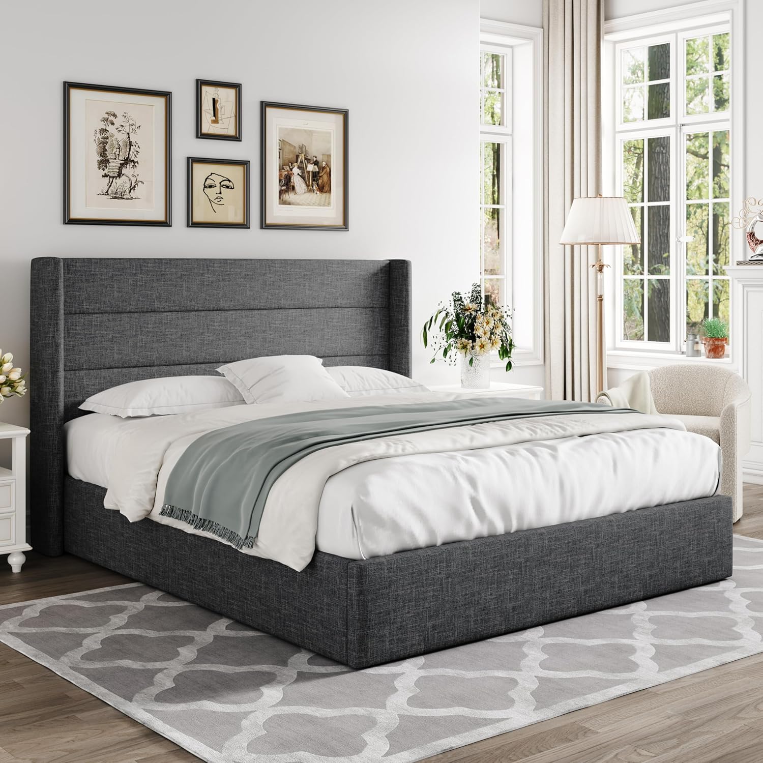 Queen Size Lift Up Storage Bed with Wingback Headboard, Upholstered Platform Bed Frame with Hidden Storage - Image 160