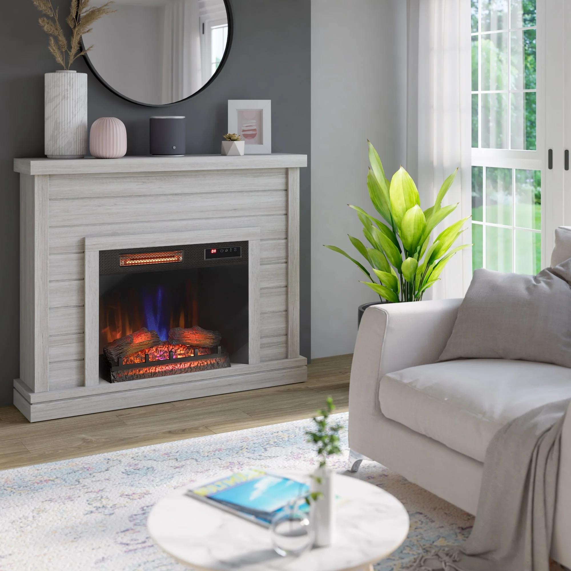 52" Shiplap Wall Fireplace Mantel, Modern Electric Fireplace with 3D Flame Effect Insert for Home Decor - Image 5