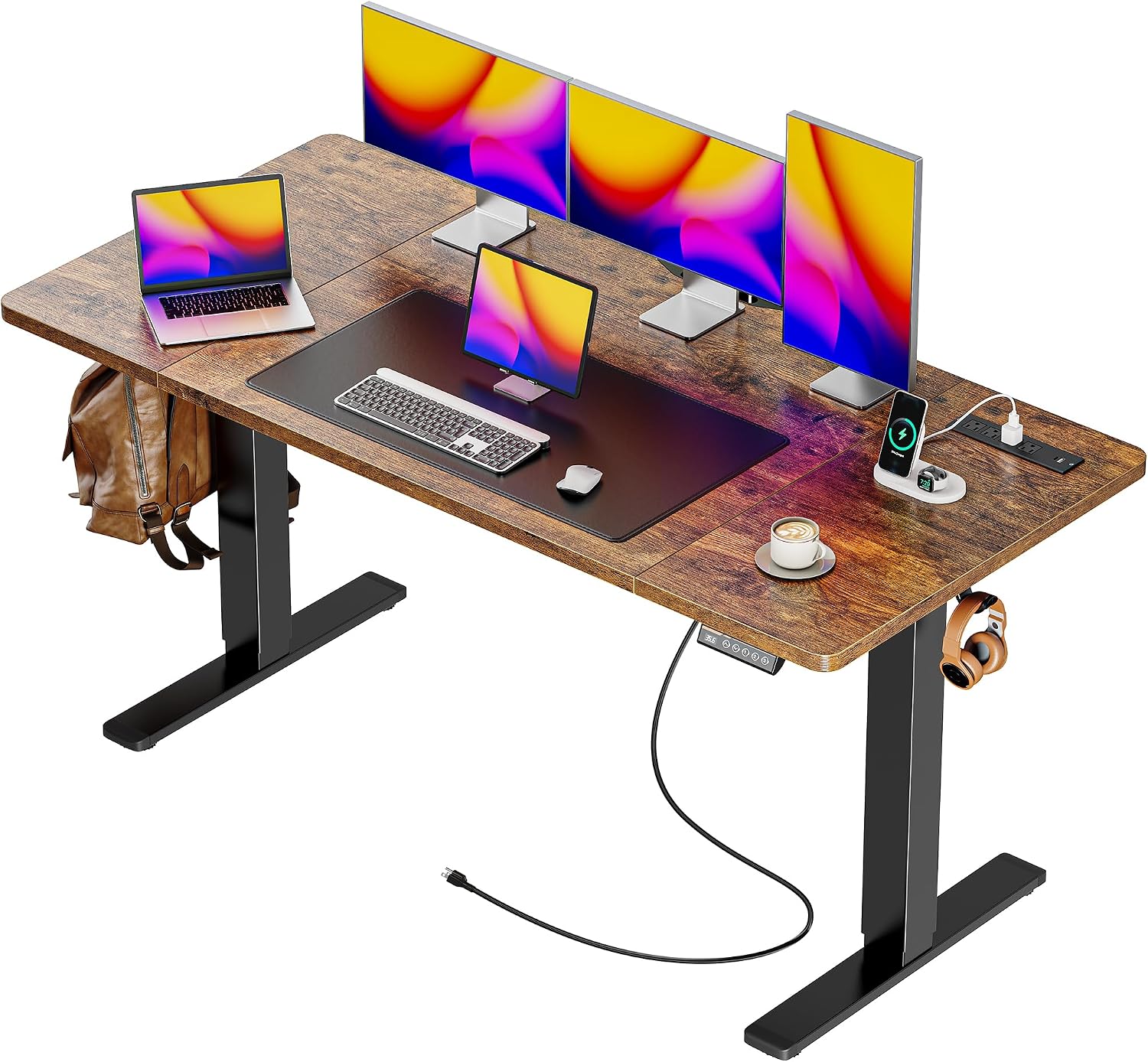 55 x 28 Large Electric Standing Desk, Height Adjustable Computer Desk, 27.6" Deep Desktop, Stand up Gaming Office Desk with 2 Hooks, 3 Preset Heights, for Home Office, Rustic Brown - Image 3