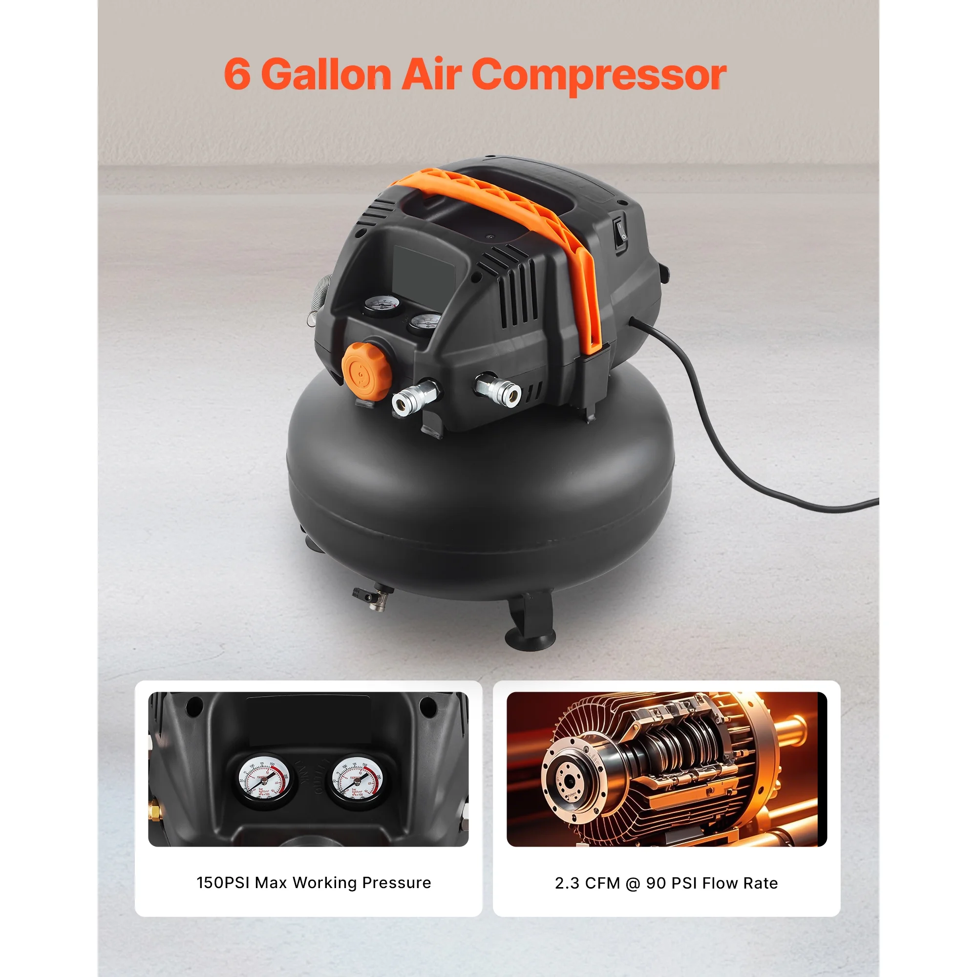 KFFKFF 6-Gallon Portable Air Compressor, 1.7HP Motor, 2.3CFM@90PSI, 150PSI Max Pressure, Includes 12-Piece Accessory Kit and 25FT Air Hose for Tire Inflation, Painting, and Woodworking - Image 4