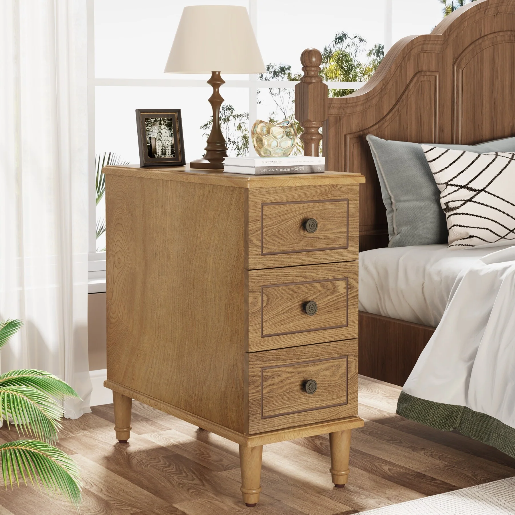 Fully Assembled Narrow End Table, Solid Wood Side Table with 3 Drawers, Vintage Nightstand for Small Spaces - Image 11
