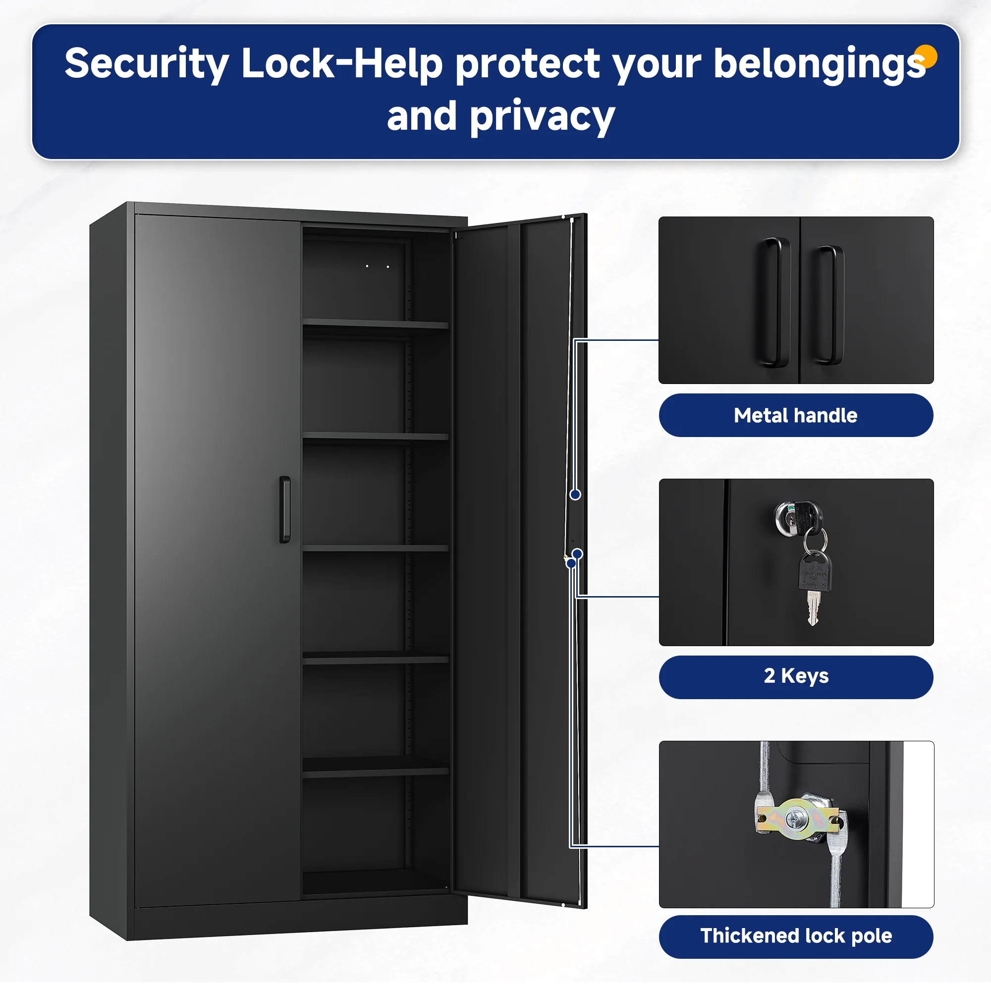 AUHUP 71" Metal Cabinet with Locking Doors and 5 Adjustable Shelves, Black Garage Storage Cabinet for Warehouse, Basement, Home Office, Tool File Storage Utility Cabinets - Image 6