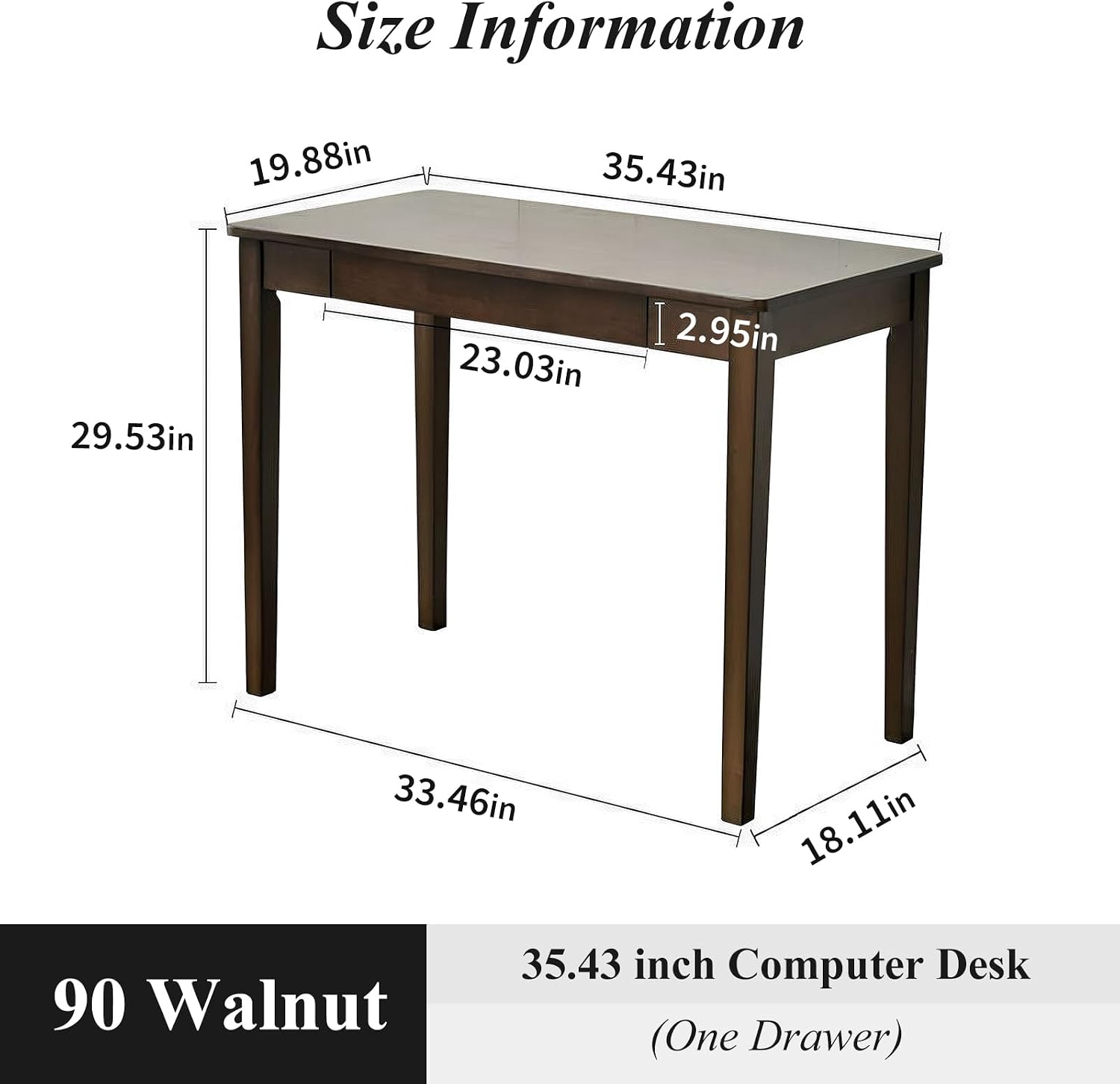 Solid Wood Computer Desk with Drawers, Modern Writing Desk for Home Office, Mid Century Modern Desk, Oak Study Table, 35.4x19.9x29.5 inches (Single Drawer), Walnut - Image 2