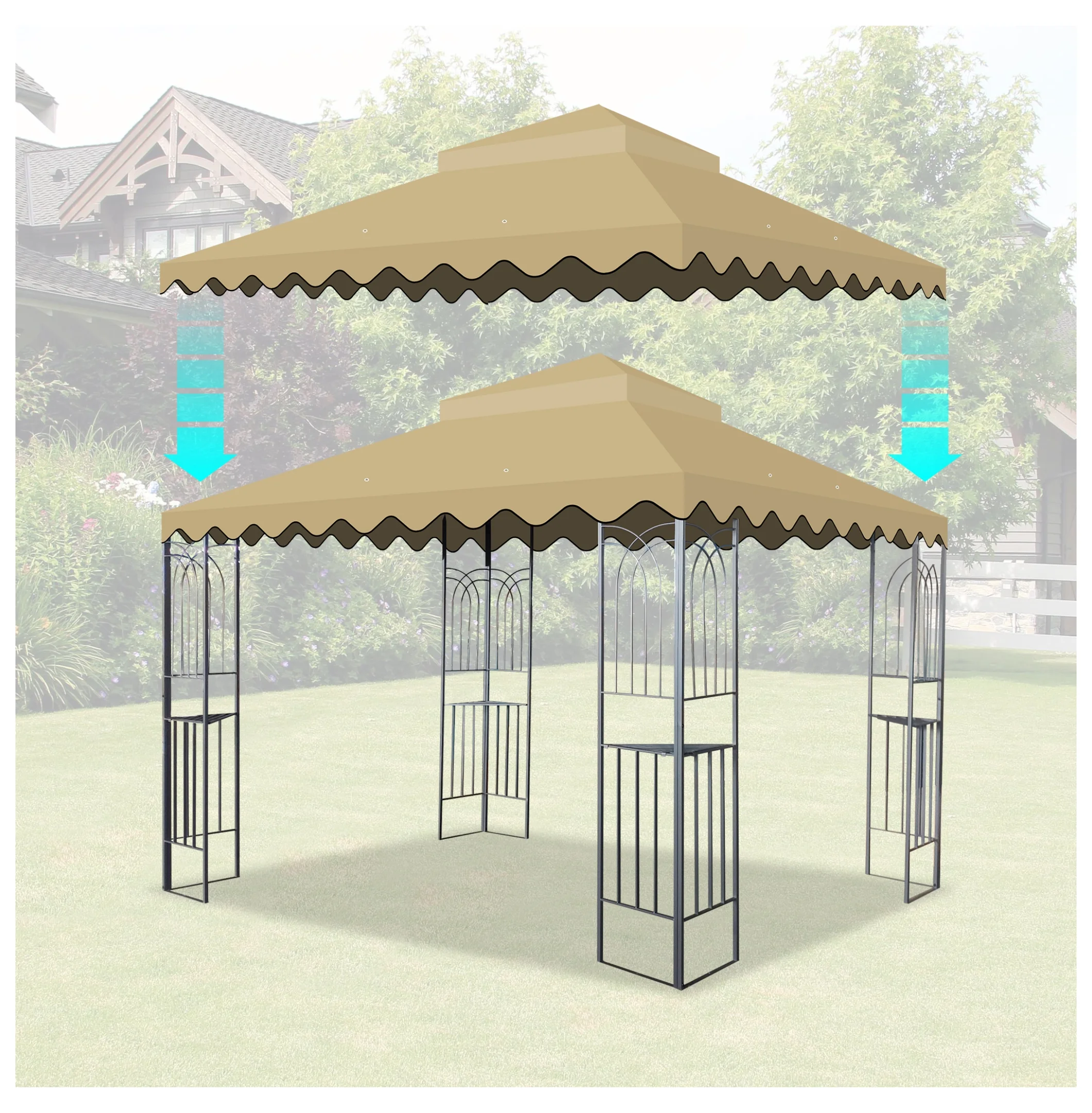 10x10 Ft Outdoor Patio Gazebo Replacement Canopy,Double Tiered Gazebo Tent Roof Top Cover Only wavy border(Frame Not Include)-Tan - Image 2