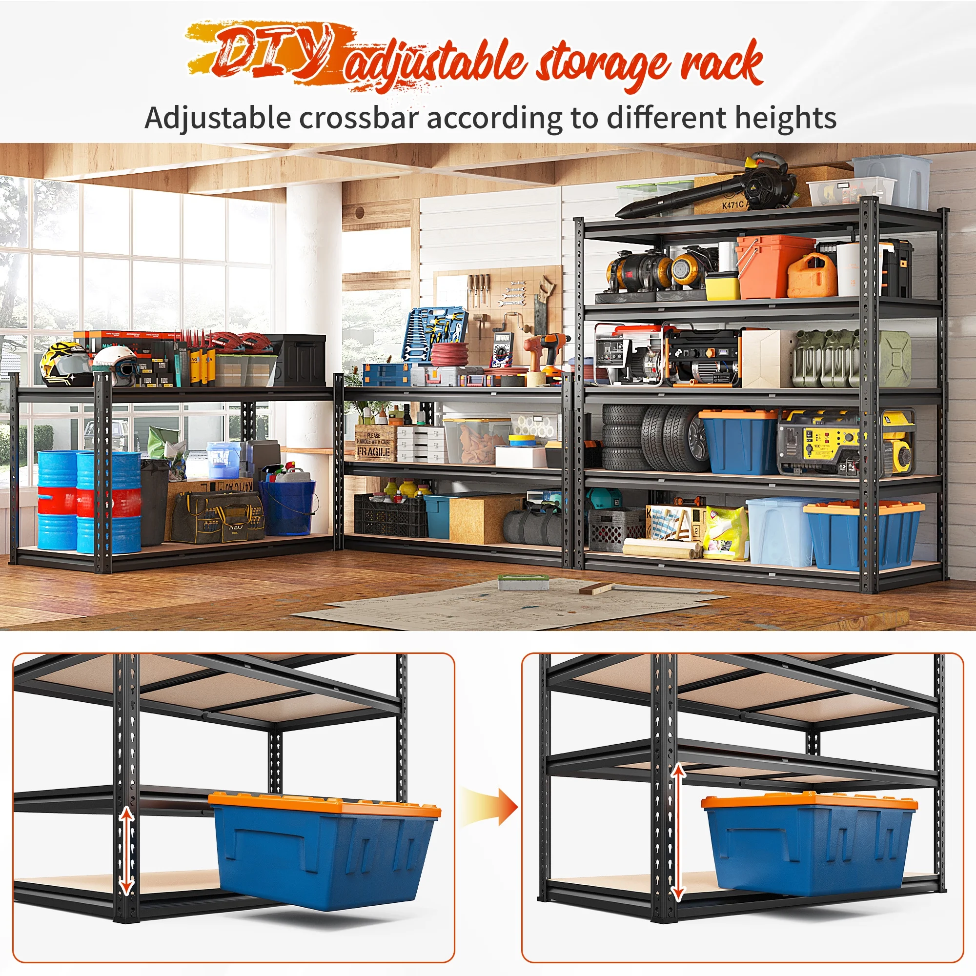 REIBII Adjustable Steel Heavy Duty Garage Storage Shelf,48"W x 24"D x 72"H,3020 LBS - Image 8