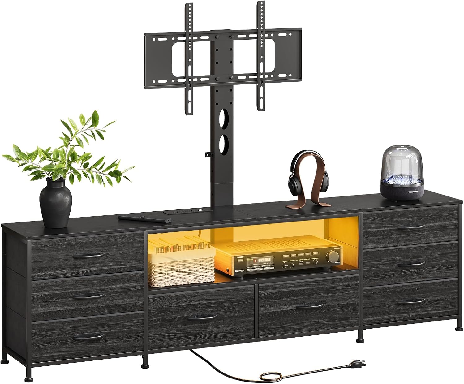 70.8" W TV Stand with Mount and Power Outlet for 65/70/75/80 Inch TV, Farmhouse Entertainment Center with 8 Fabric Drawers, LED Lights and Open Storage Shelves for Living Room - Image 2