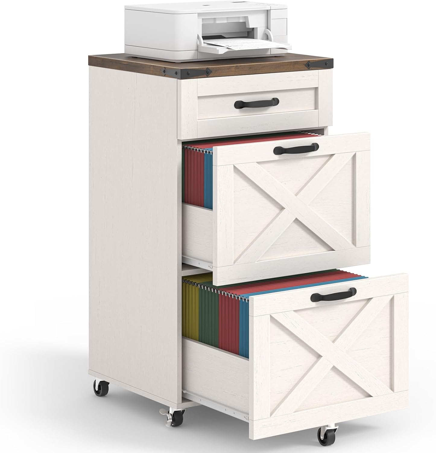 3 Drawers Tall Farmhouse File Cabinet with Wheels, Rustic White - Image 8