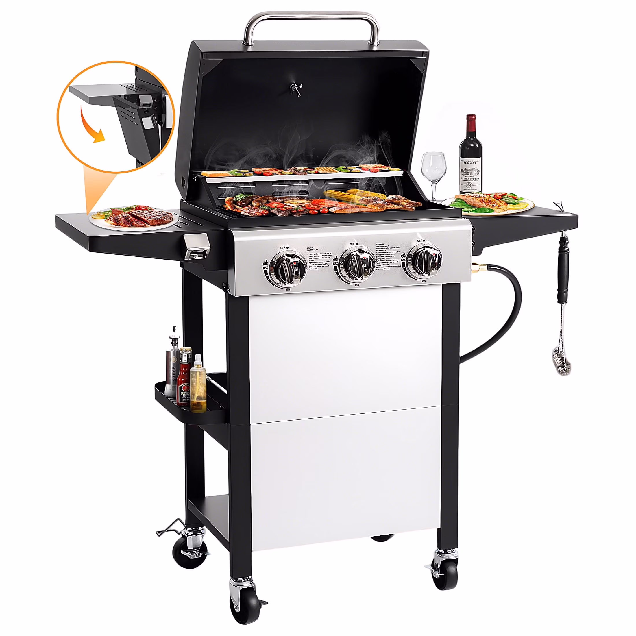 Segmart 3 Burner BBQ Propane Gas Grill, Stainless Steel 30,000 BTU Patio Garden Barbecue Grill with Folding Side Tables, Hanging Basket & Thermometer, Perfect for Camping, Outdoor Cooking