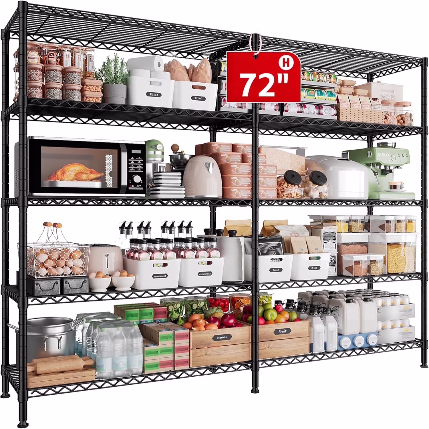Legooin 72"H Extra-wide Metal Shelves 60"W Storage Rack for Pantry Office Garage Capacity 1500LBS Adjustable Corner Shelving Unit, Black