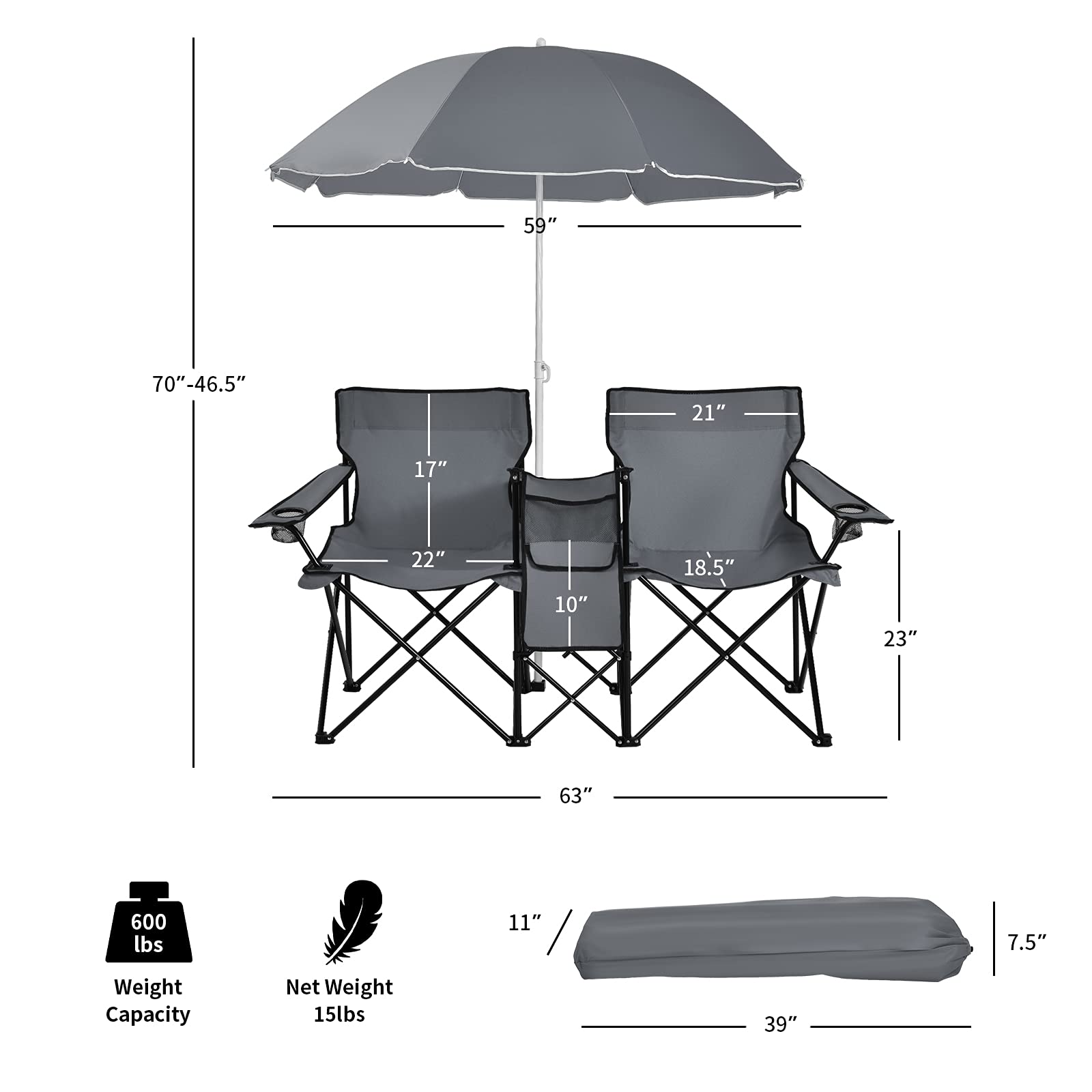 Double Folding Picnic Chairs with Umbrella – Mini Table & Beverage Holder Included - Image 6