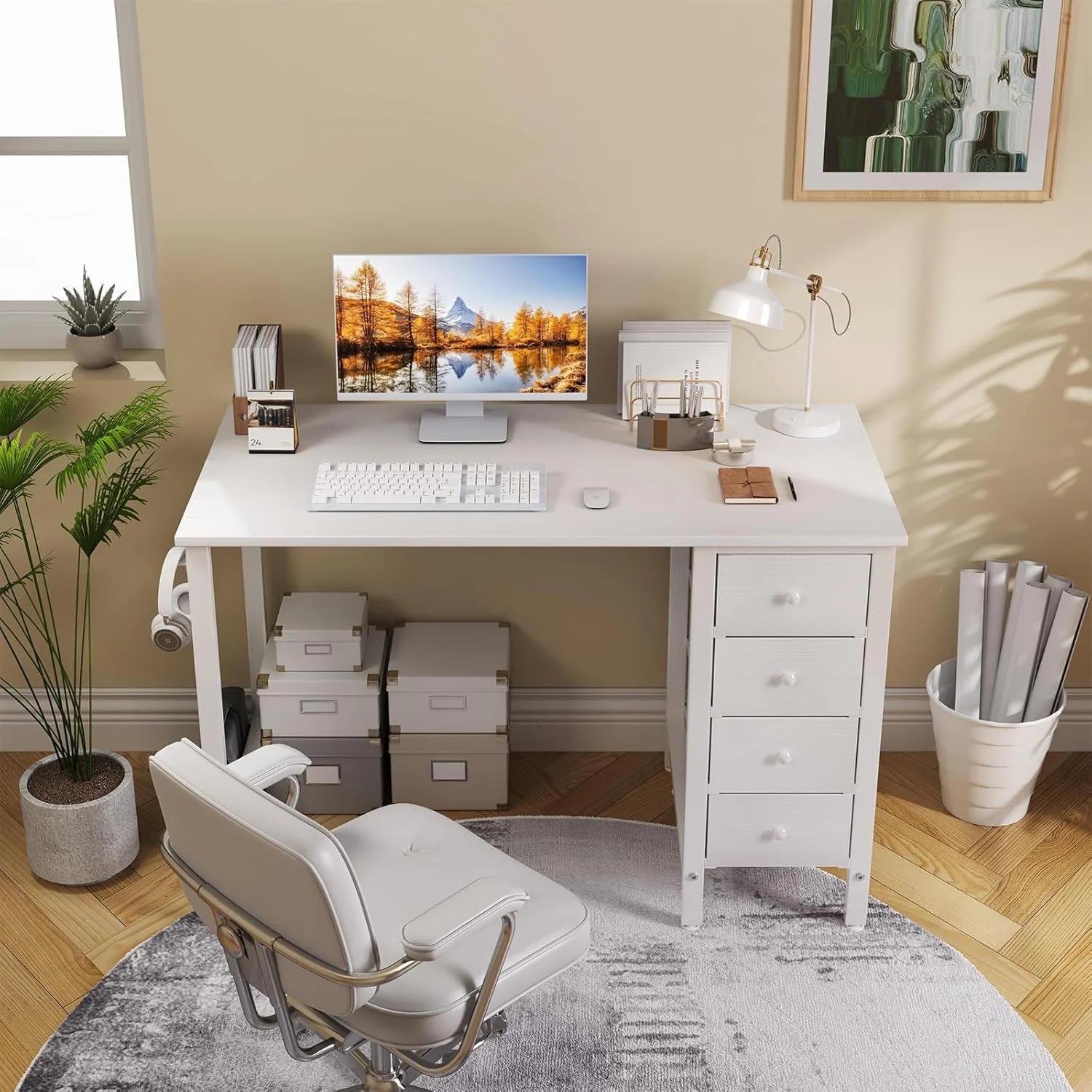 40 Inch Small White Desk with Fabric Drawers, Compact Computer Writing Desk for Home Office, Bedroom and Study - Image 2
