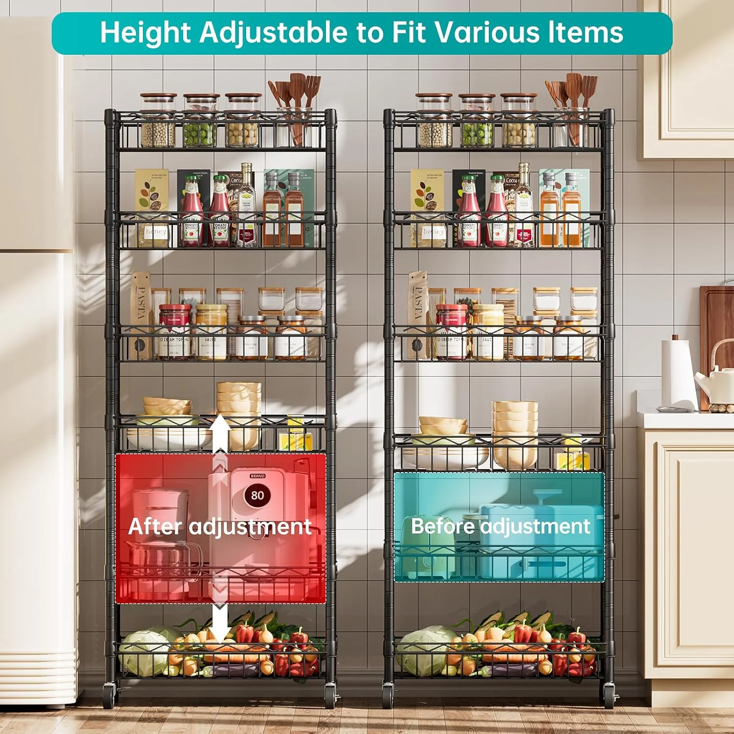 6 Tier Wire Shelving Unit with Wheels Baskets Storage Rack Corner Shelves Adjustable Shelf Closet Bathroom Organizers Metal Pantry Kitchen Garage Laundry Room 13.5" D x 13.5" W x 63" H Silver - Image 14