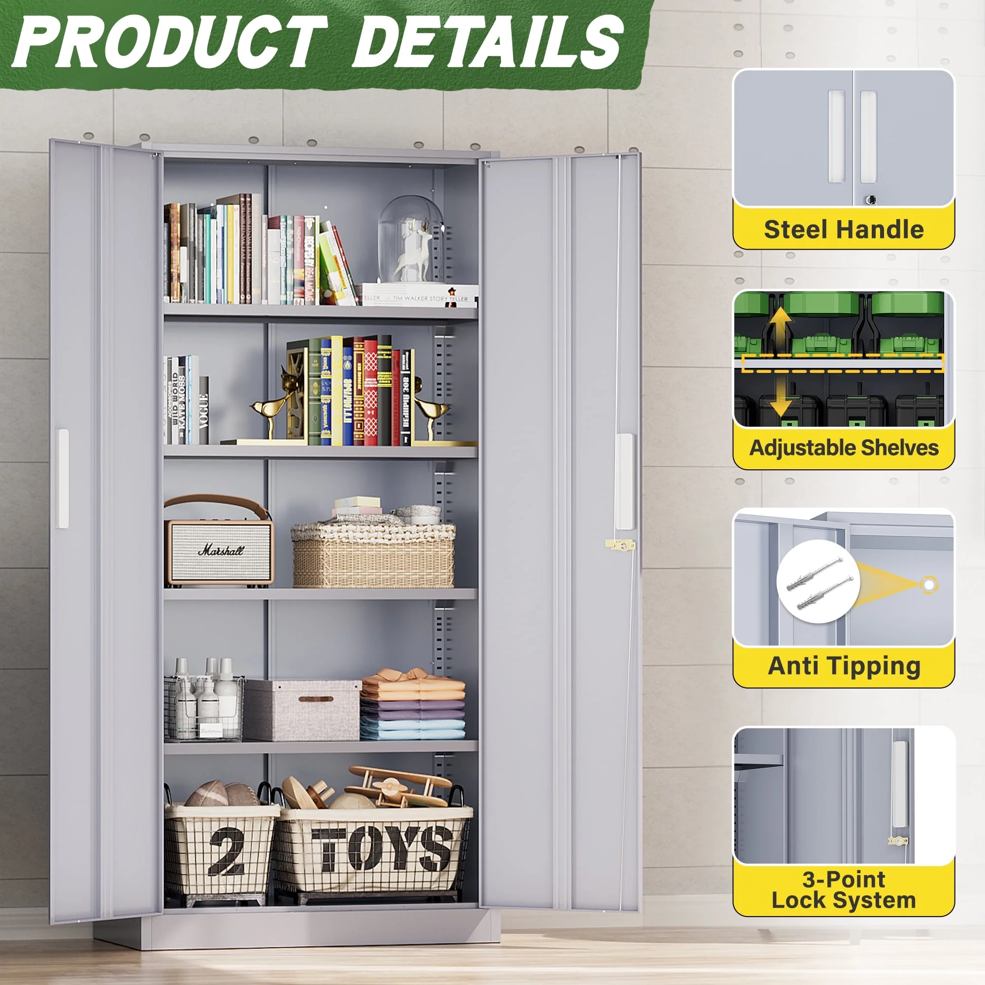 SOLAURA Metal Storage Cabinet with Wheels, 73" Garage Rolling Cabinet with Locking Door and 4 Shelves, Tool Cabinet on Caster for Home, Office, Black - Image 88