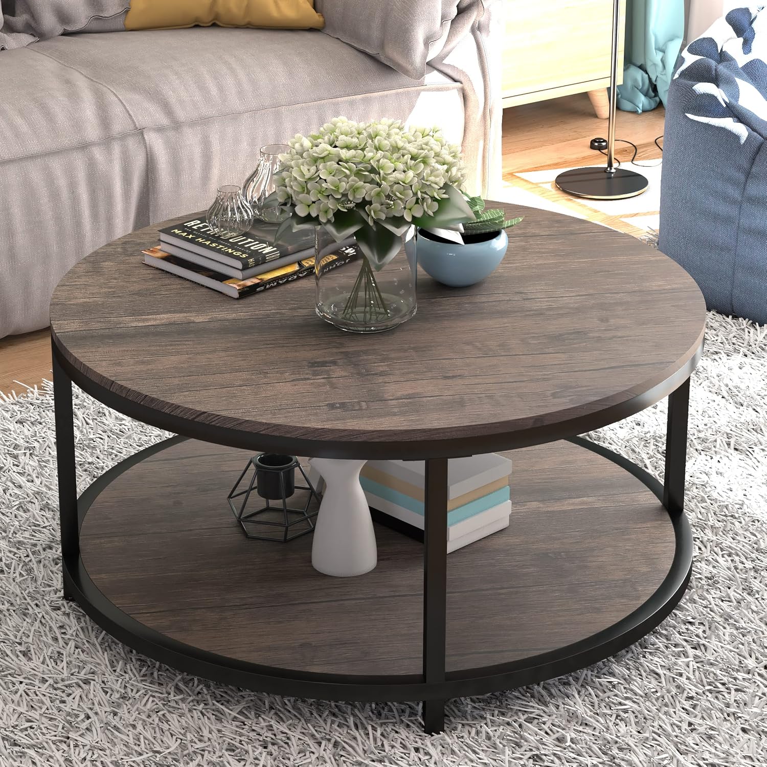 Round Coffee Table, 36" Coffee Table for Living Room, 2-Tier Rustic Wood Desktop with Storage Shelf, Modern Design Home Furniture (Light Walnut) - Image 12