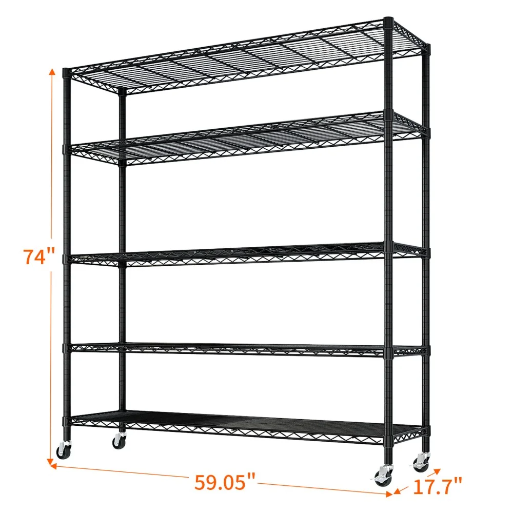 IVV 5-Tier Wire Shelving Unit with Wheels, 3125LBS NSF Heavy Duty Adjustable Metal Storage Rack for Garage,Pantry,Kitchen,Business,Warehouse, 59.06"W x 17.72"D x 74.02"H (Black) - Image 4