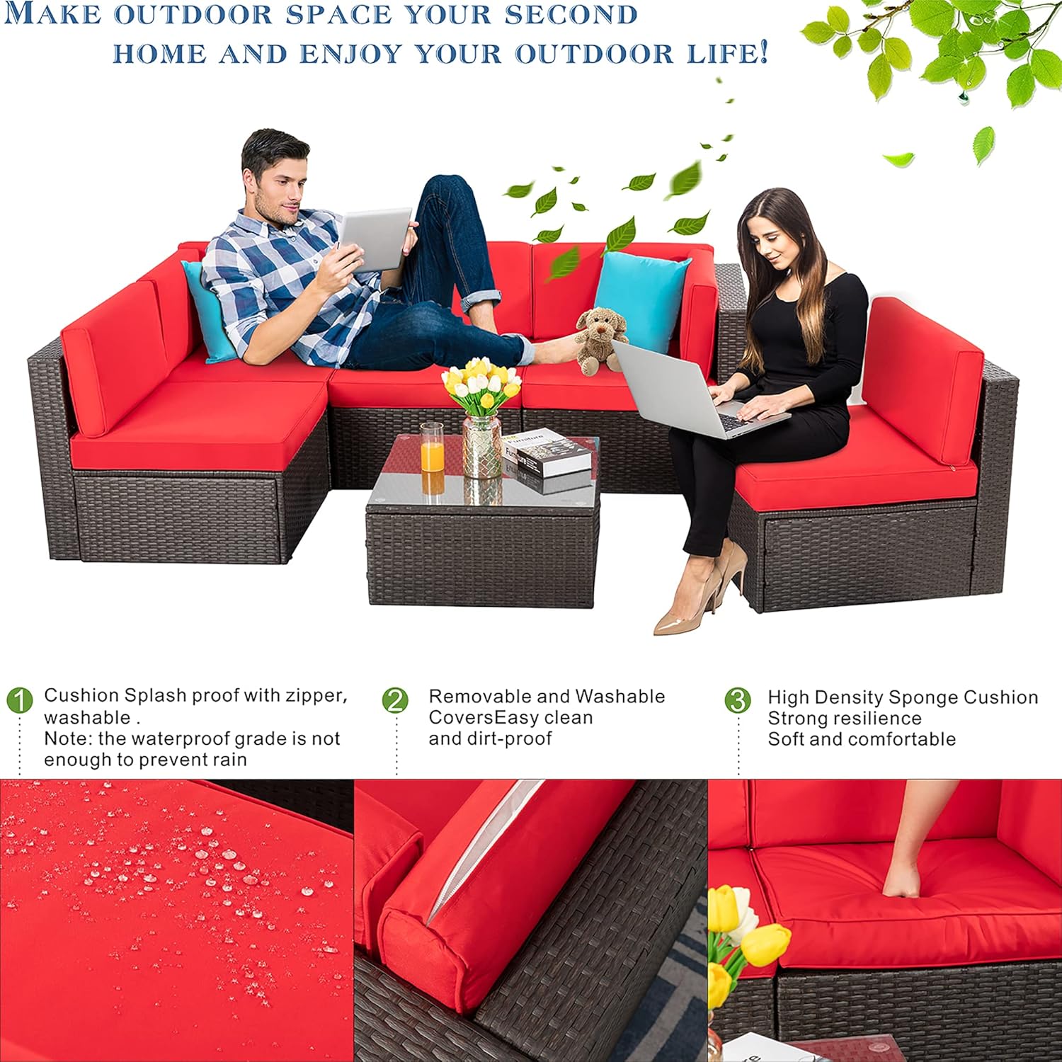 5-Piece All-Weather Patio Furniture Set with Ottoman, Outdoor Wicker Conversation Sofa Set with Cushions for Garden, Deck & Backyard - Image 43