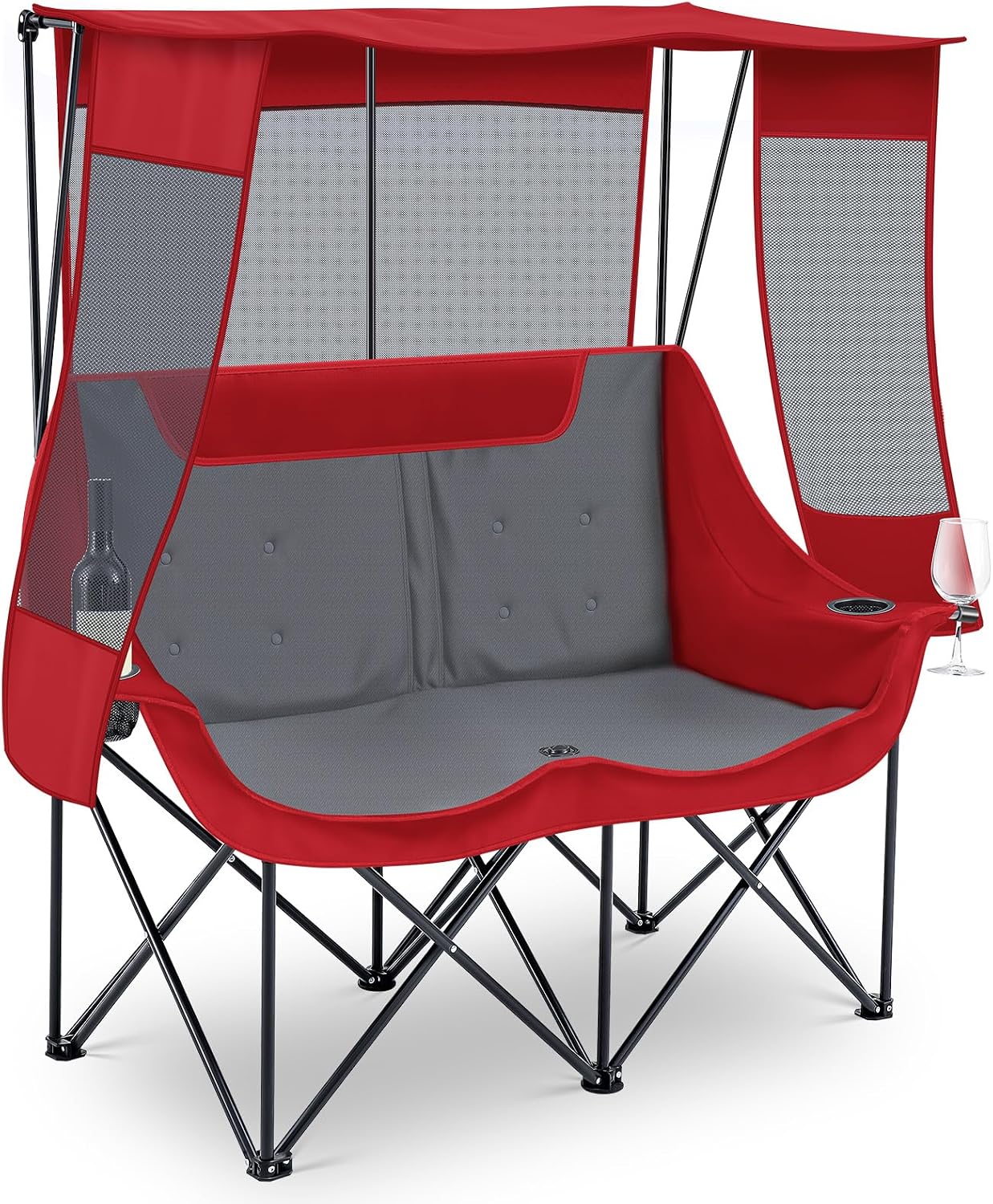 Double Camping Chair with Canopy 660lbs Heavy Duty, Black and Grey - Image 2