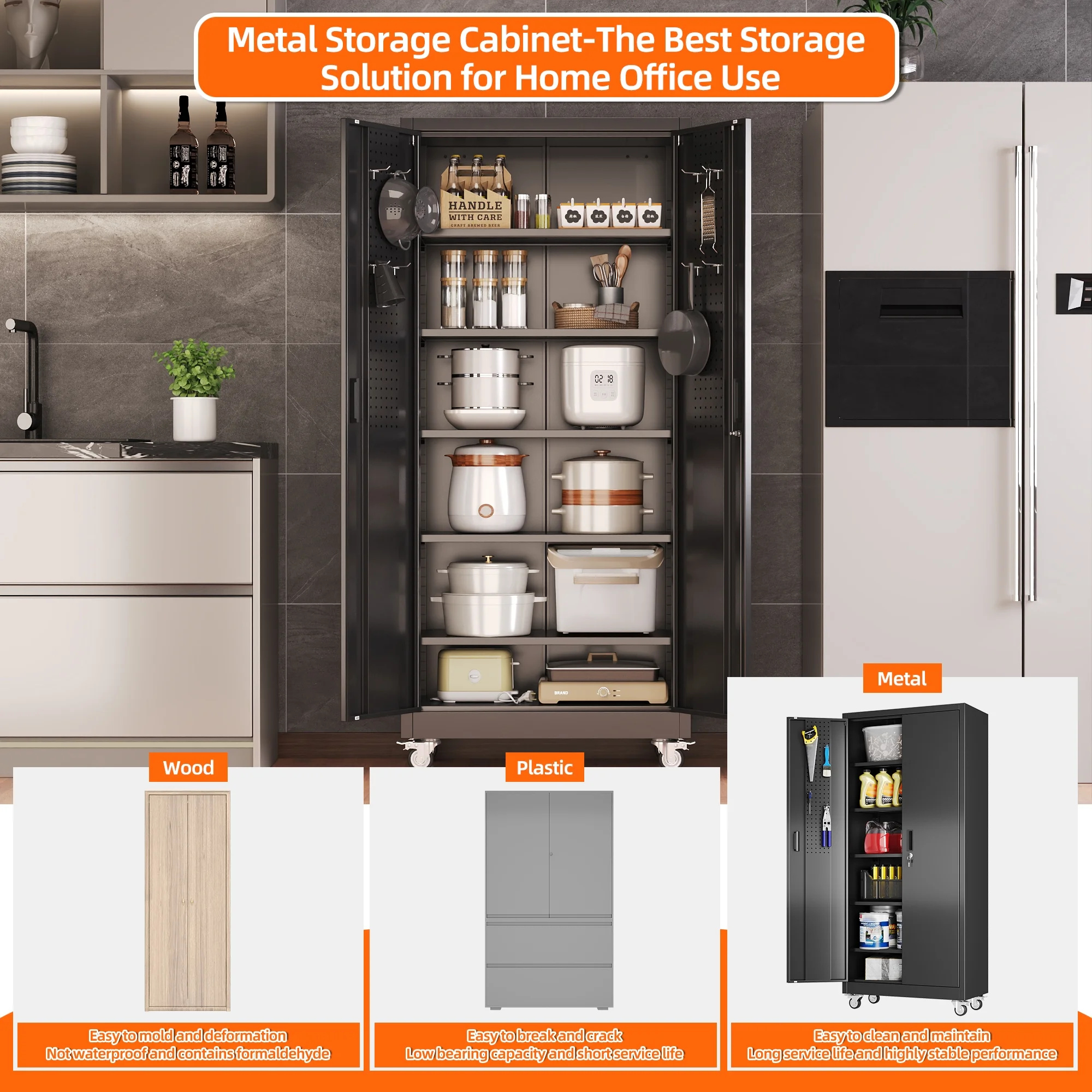 GangMei 71 Inches Tall Metal Garage Storage Cabinets with 5 Adjustable Shelves & Pegboards, Lockable Steel Black Storage Cabinet with Doors for Office, Home, School, Shops, Garage, Assembly required - Image 17