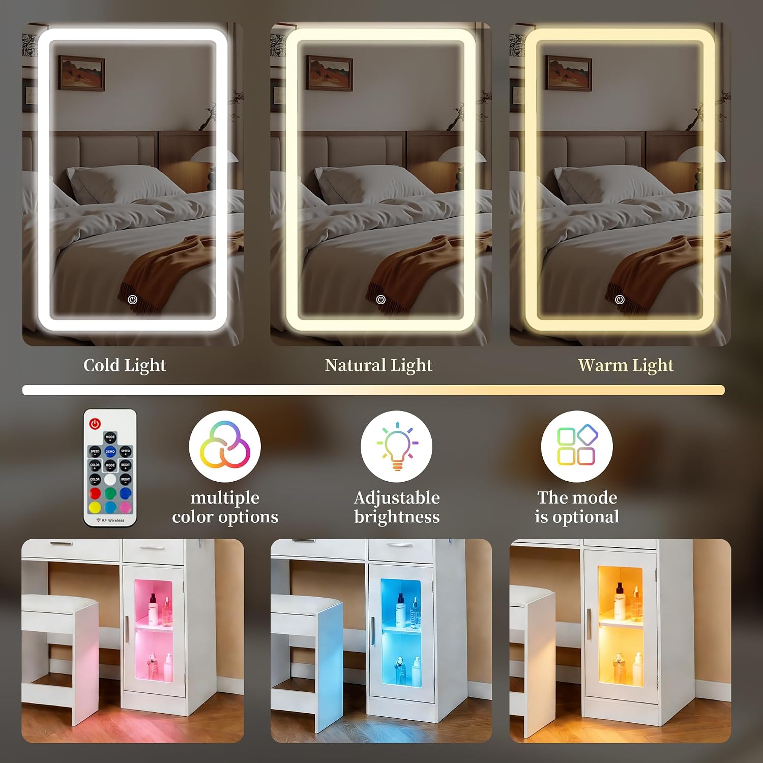 White LED Vanity Table with Three-Color Adjustable Light HD Mirror, USB Charging Port,Leather Stool, Double-Layer Acrylic Cabinet with Ambient Lighting,and Makeup Table with Drawer Storage - Image 4