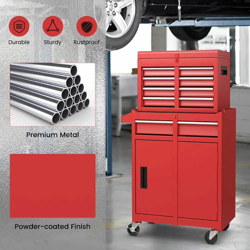 Demifill 2-in-1 Tool Chest and Cabinet with 5 Sliding Drawers, Large Storage Space and Detachable Design, Red - Image 2