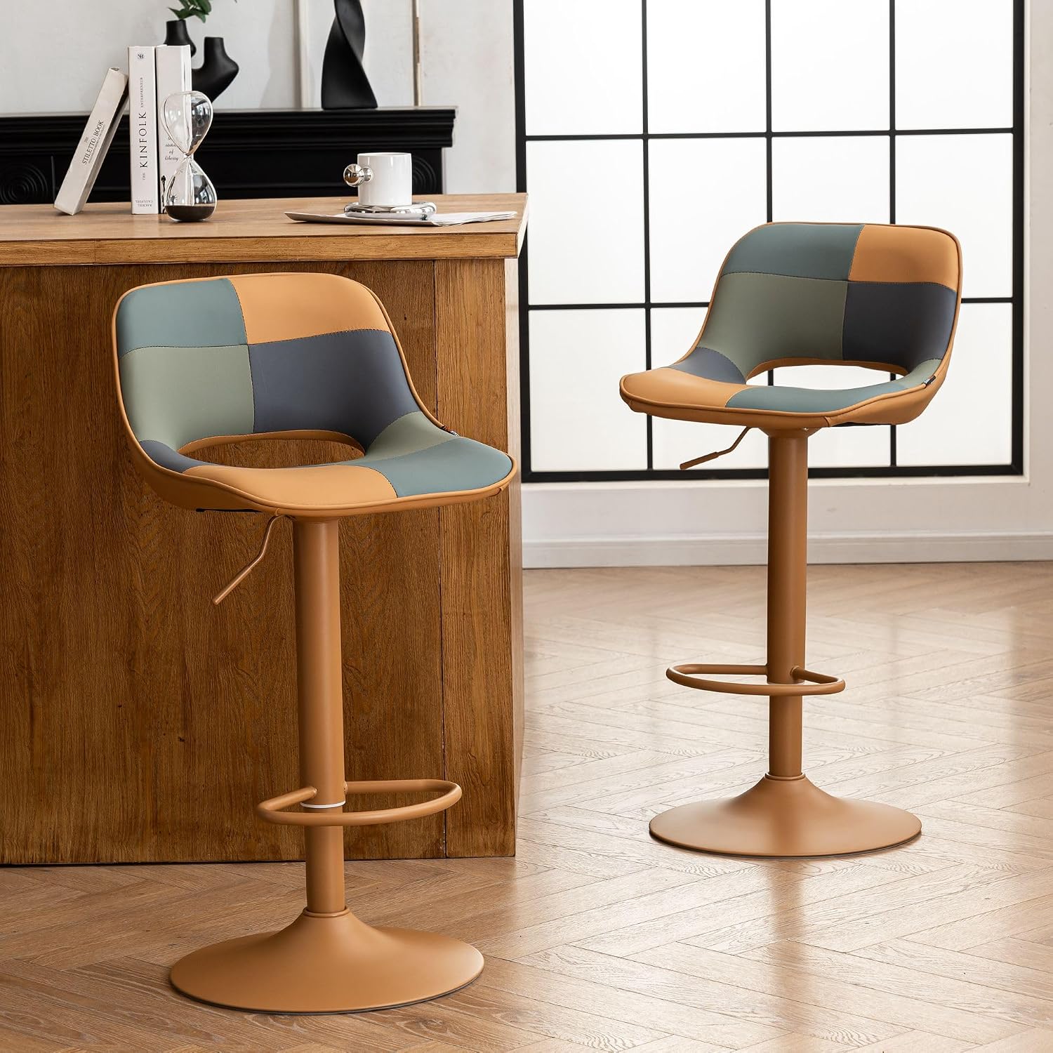 Bar Stools Set of 2 Modern Swivel Barstools, Compact Adjustable Counter Height Bar Stools, Faux Leather Upholstered Counter Stools with Hollow Back for Kitchen Island, Brown - Image 4