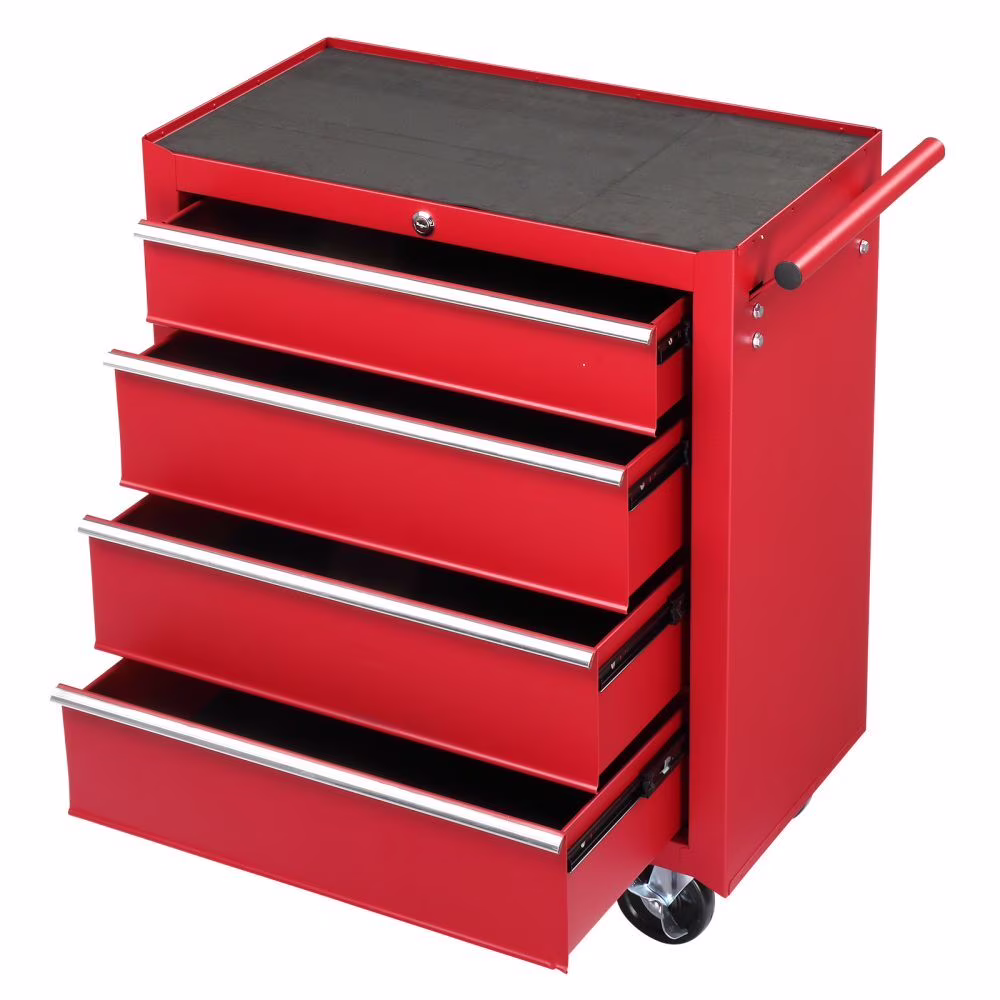 IVV 4-Drawer Rolling Tool Chest w/Lock & Key, Tool Storage Cabinet with Universal Wheels, Anti-Scratch Liners, Tool Organizer Box for Garage, Warehouse & Repair Shop, Red