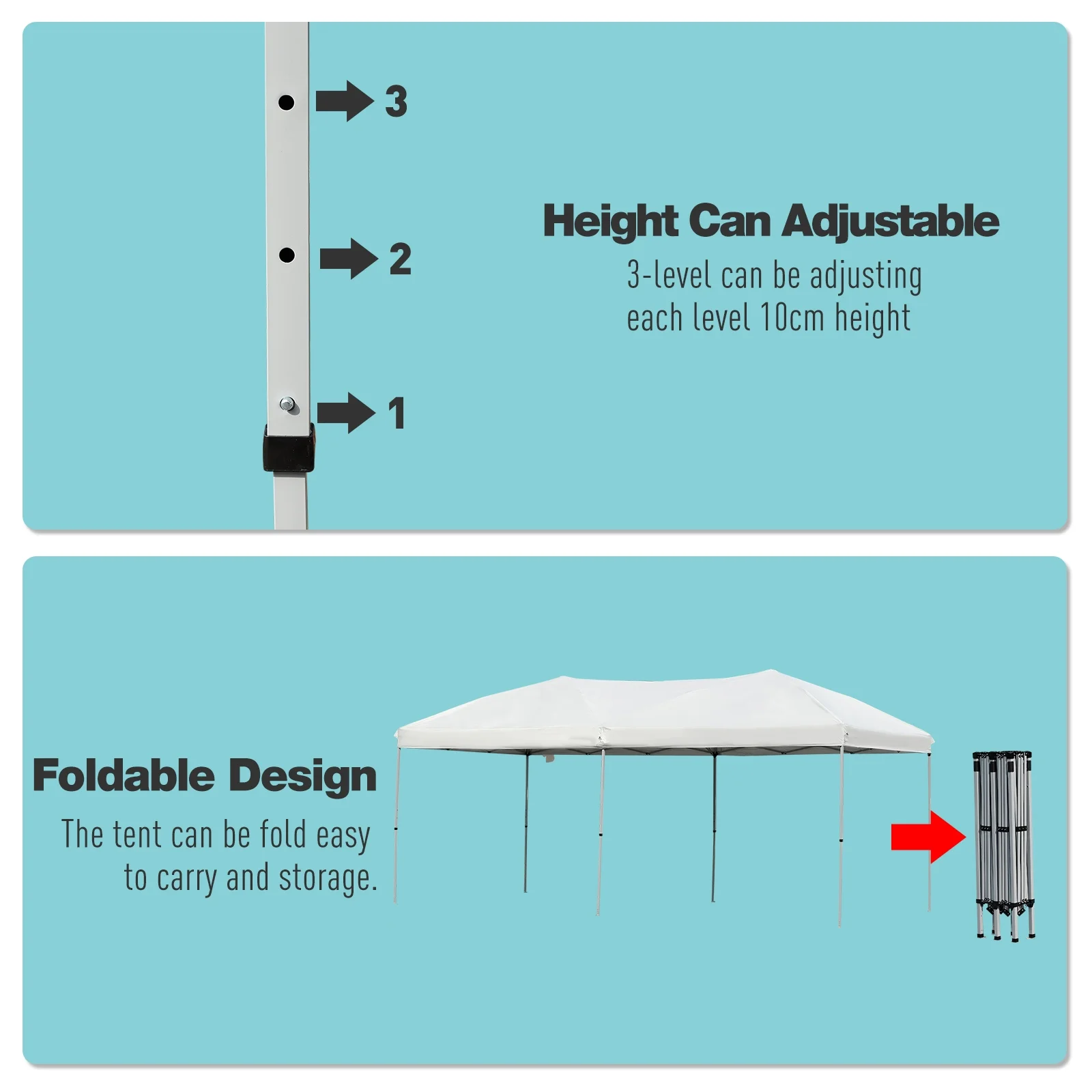 Outsunny 10' x 19' Pop Up Canopy with Easy Up Steel Frame, 3-Level Adjustable Height and Carrying Bag, Sun Shade Event Party Tent for Patio, Backyard, Garden, Blue - Image 19