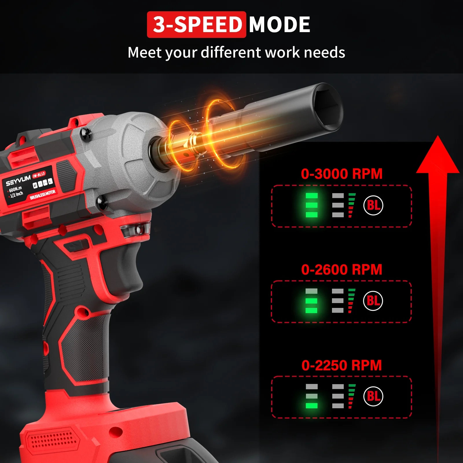 Cordless Impact Wrench, 1/2" Impact Gun, Max Torque 440 Ft-lbs (600 N.m) Heavy Duty Cordless Impact Driver, 3500 RPM Electric Impact Drill, 20V Brushless, 2x4.0Ah Li-ion Battery, 4Pcs Impact Sockets - Image 2