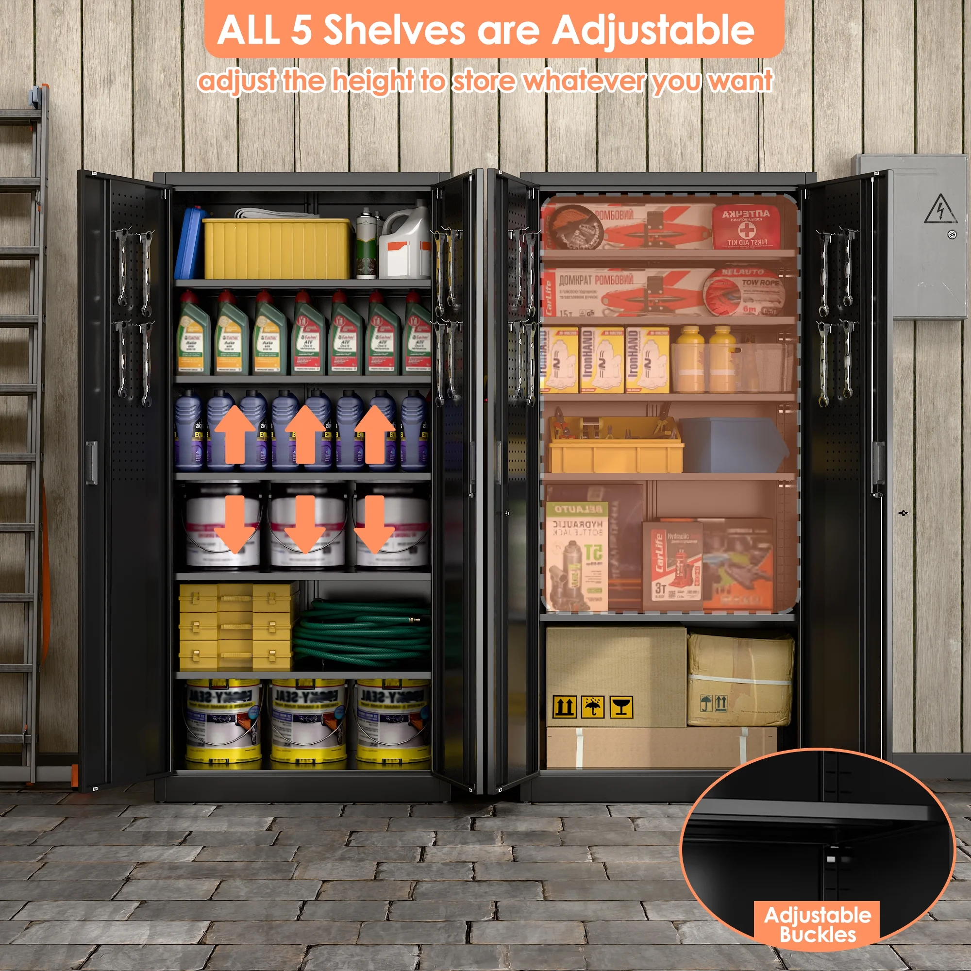 Aobabo Metal Storage Cabinet with Lock & Pegboard,Garage Storage Cabinet with 5 Adjustable Shelves,Tool Storage Cabinets for Home Office Garage,Assembly Required,Black - Image 4