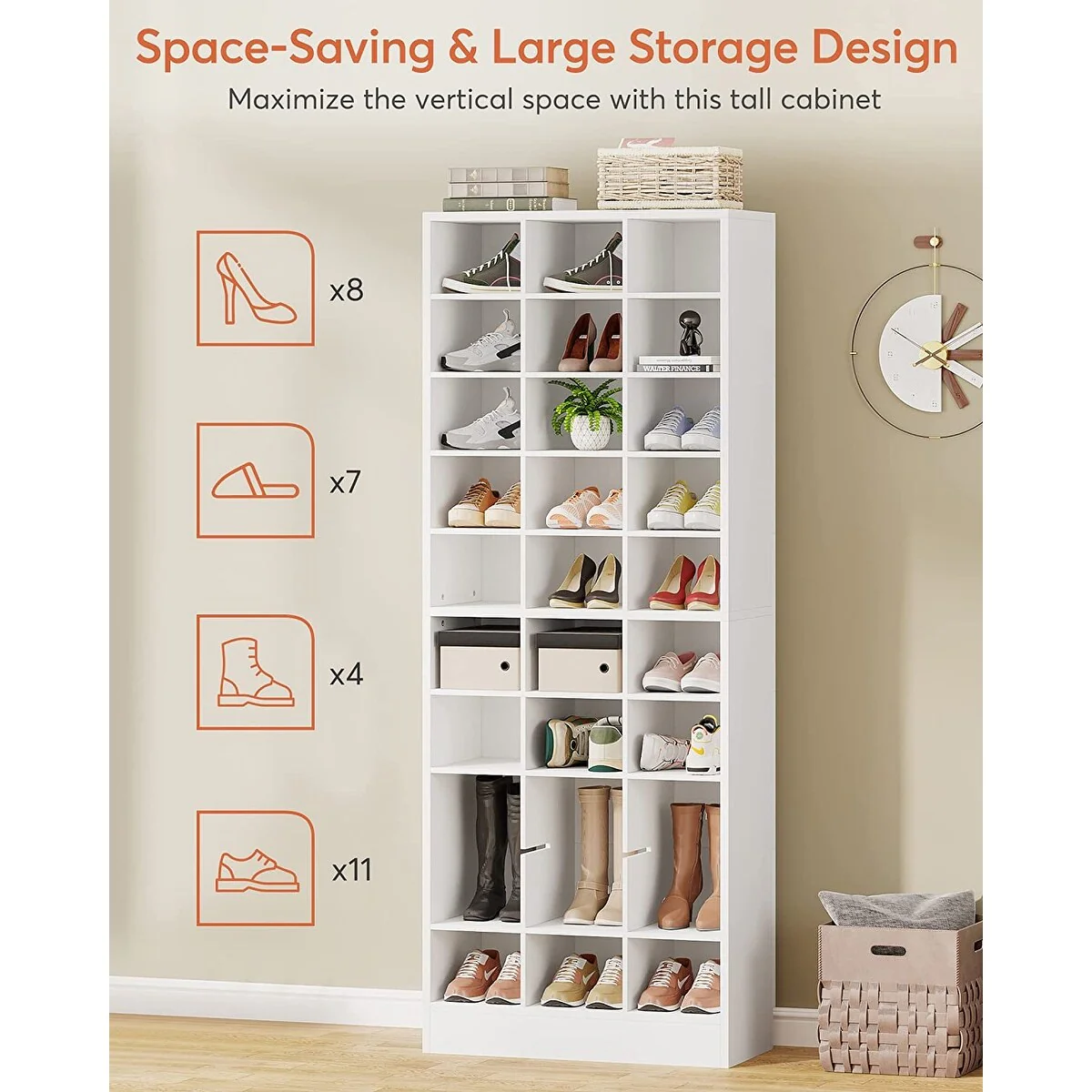 10-Tier Tall Shoe Cabinet, 30-Pair White Wood Shoe Storage Rack for Entryway and Closet - Image 23