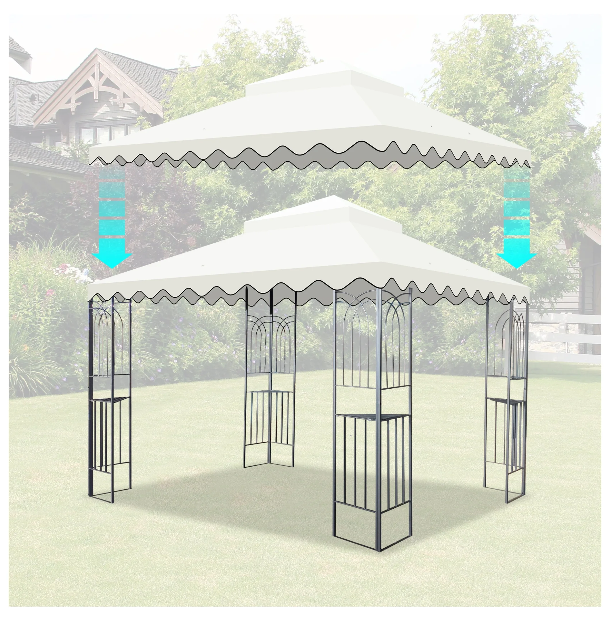 10x10 Ft Outdoor Patio Gazebo Replacement Canopy,Double Tiered Gazebo Tent Roof Top Cover Only wavy border(Frame Not Include)-Beige - Image 2
