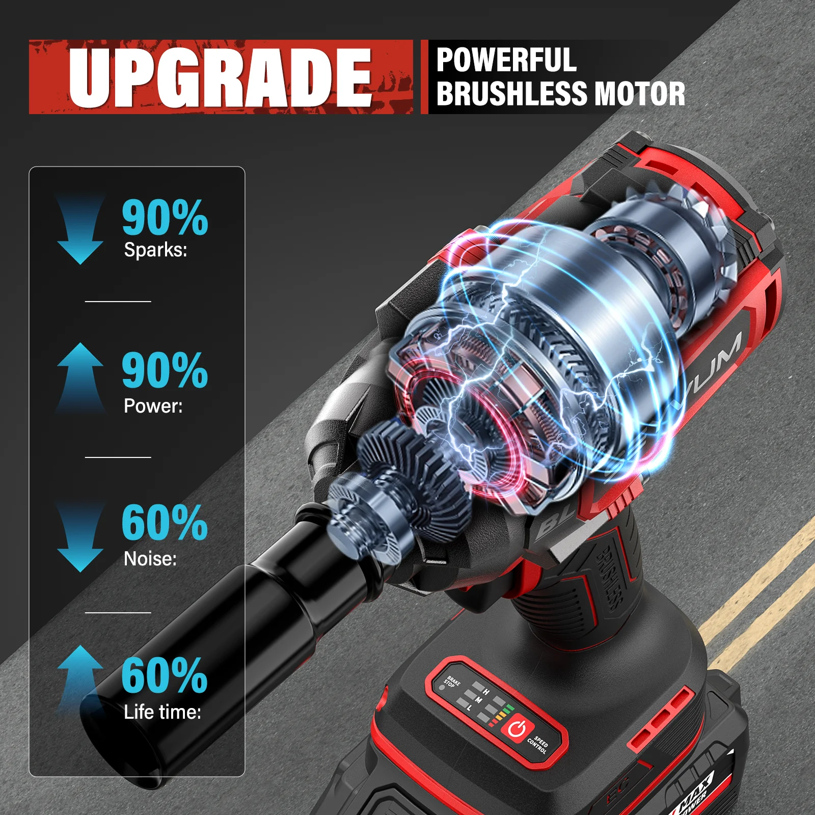 Cordless Impact Wrench, 1/2" Impact Gun, Max Torque 440 Ft-lbs (600 N.m) Heavy Duty Cordless Impact Driver, 3500 RPM Electric Impact Drill, 20V Brushless, 2x4.0Ah Li-ion Battery, 4Pcs Impact Sockets - Image 10