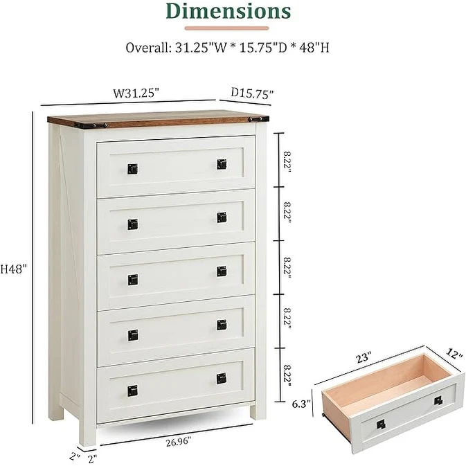 48 Inch Tall Farmhouse Wood Dresser, 5 Drawer Chest of Drawers for Bedroom - Image 3