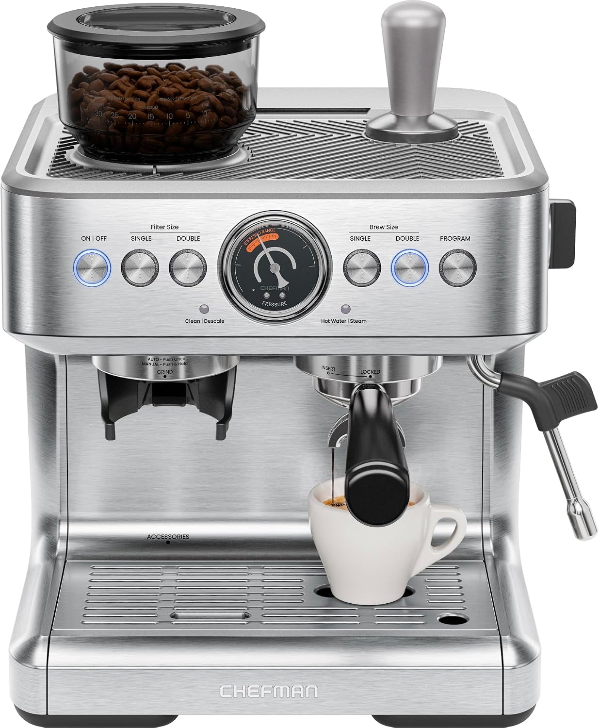 Crema Supreme 15 Bar Espresso Machine with Milk Frother, Barista Steam Wand, Professional Coffee Maker with Coffee Grinder, 30 Grind Settings, 3L Removable Water Tank - Stainless Steel - Image 2