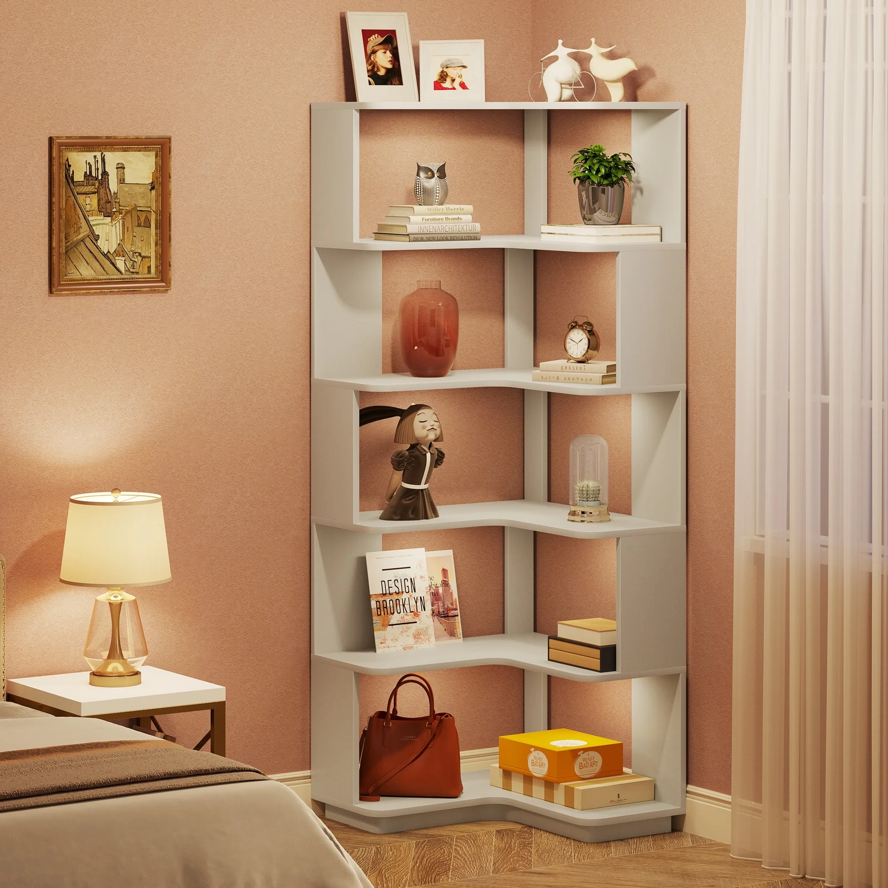 64.9 Inch Tall 6-Tier Corner Bookshelf, Freestanding Wood Industrial Bookcase - Image 35