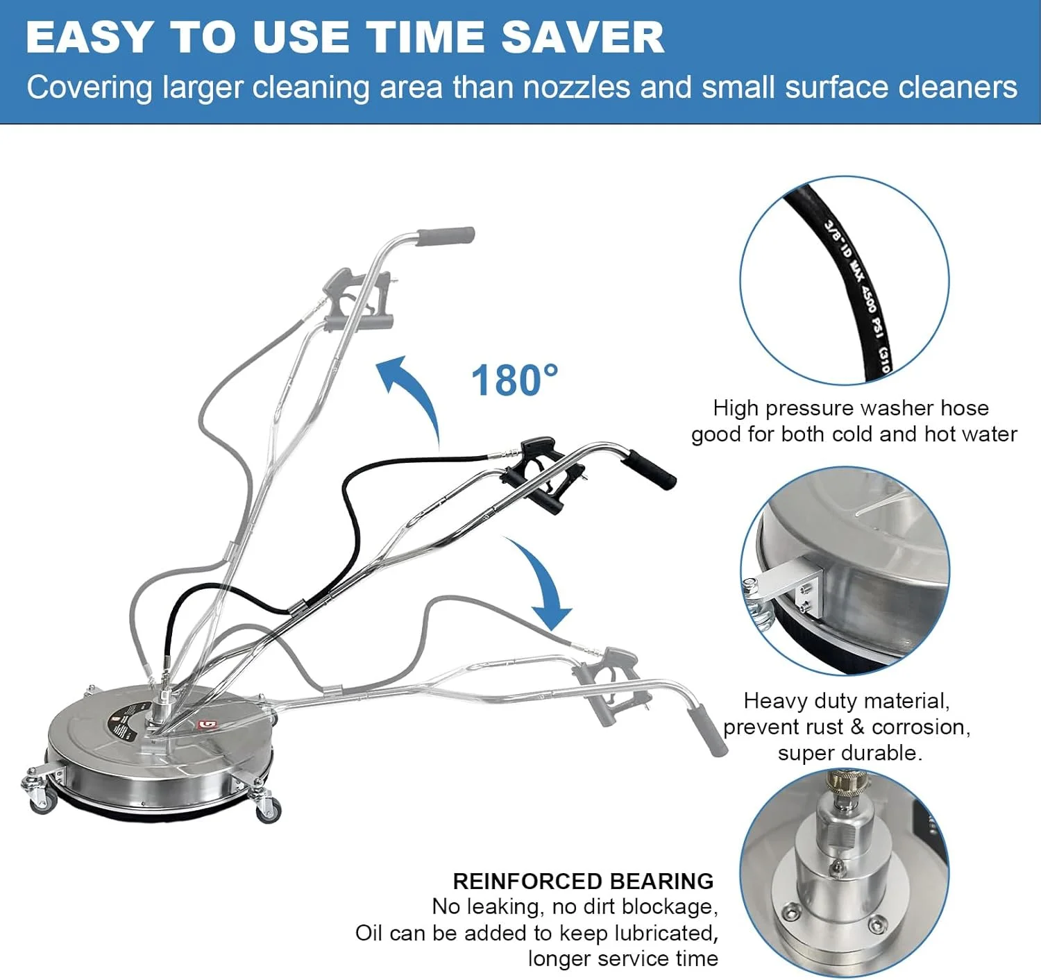Garvee 24" Pressure Washer Surface Cleaner with Dual Handles -C Stainless Steel, 4-Wheel Design for Driveways, Sidewalks, Curbs, Decks, & Patios -C 4900 PSI, High-Efficiency Cleaning Accessory - Image 5