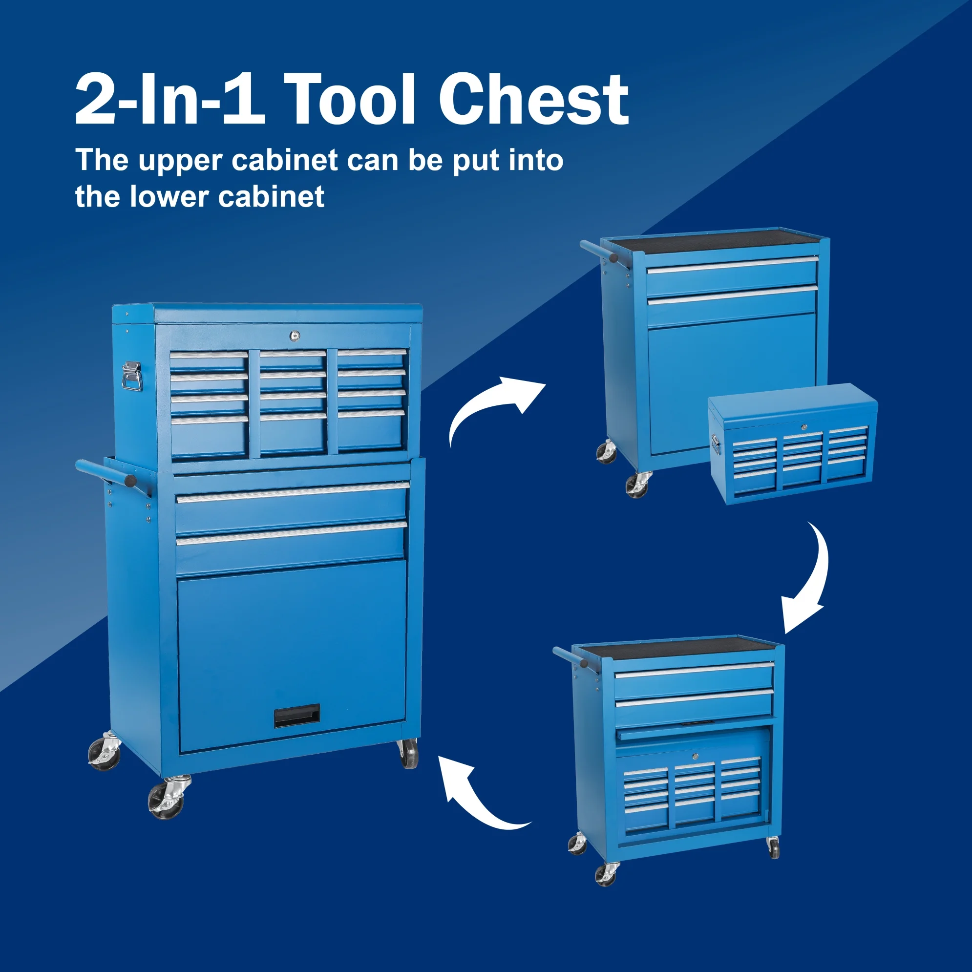 Tool Chest, 8-Drawer Rolling Tool Storage Cabinet with Lockable Wheels, Rolling Tool Chest with 2 in 1 Detachable Top Tool Box, and Locking Mechanism, Metal Tool Cart for Garage, Workshop, Blue - Image 5