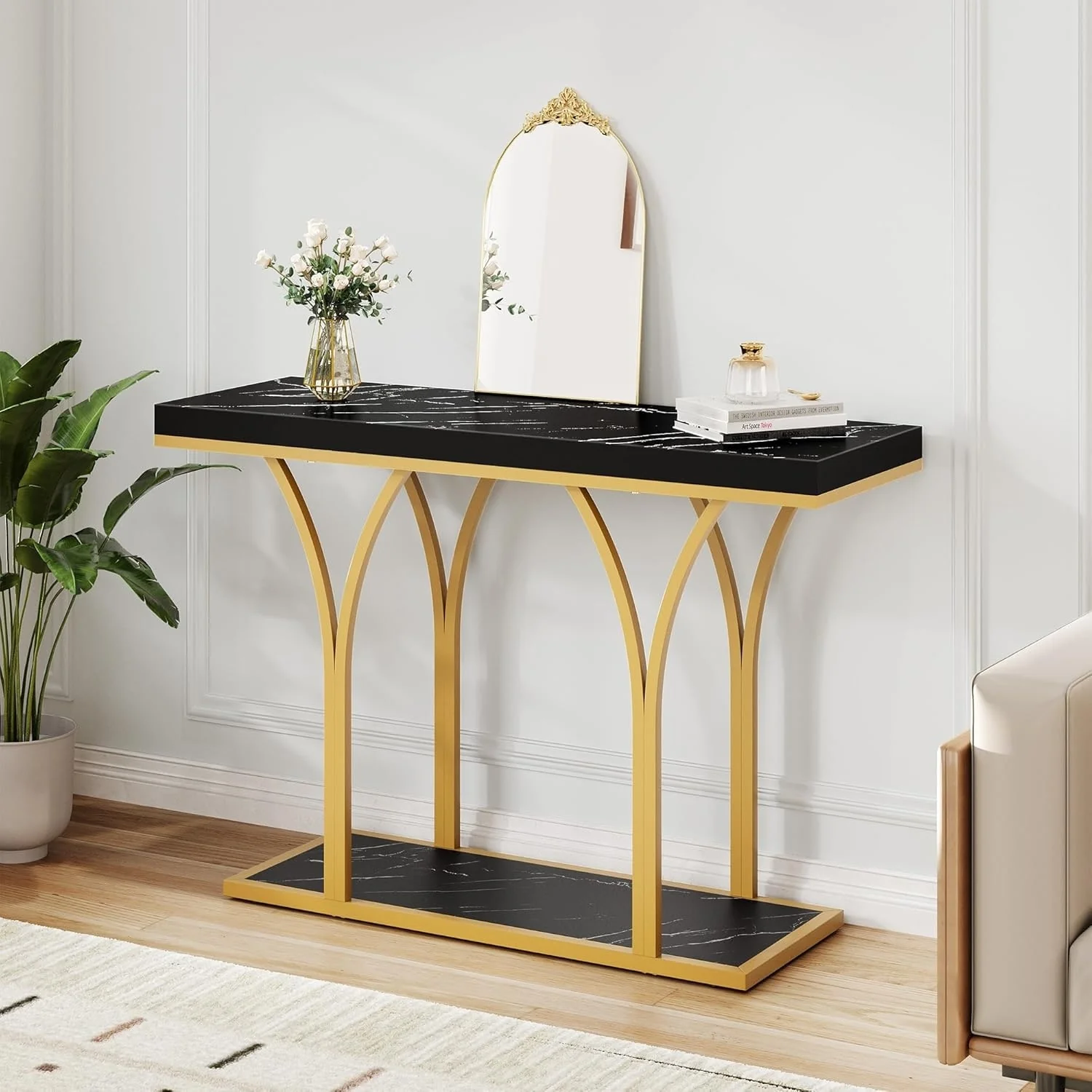 Modern Gold Console Table with Marbled Top, Sofa Table for Entryway and Hallway - Image 41