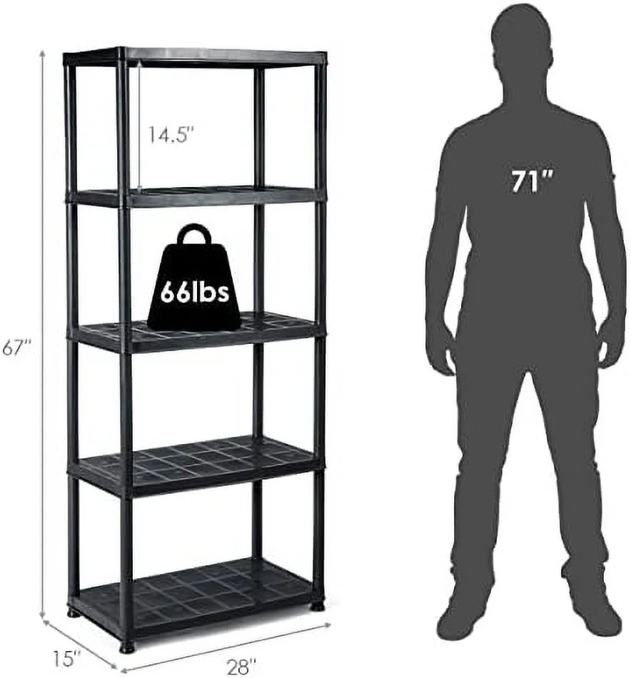 5 Tier Plastic Storage Shelves, Easy to Assemble Garage Rack, Multi-Use Free Standing Shelf Unit, Heavy Duty Shelving for Home Office, Black(2, 36-L X 18-W X 73-H) - Image 9