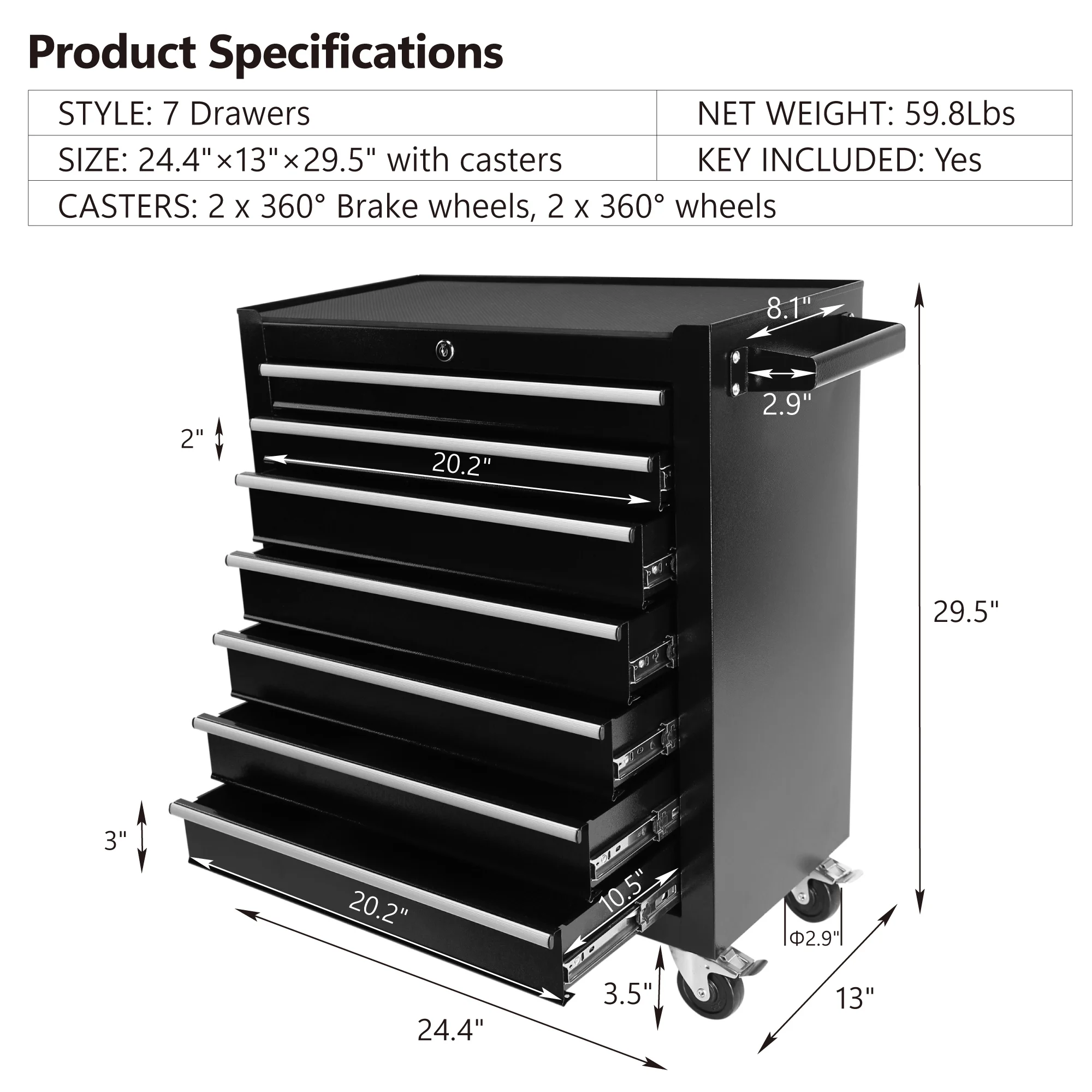 EastVita Tool Chest, 7-Drawer Rolling Tool Storage Cabinet with Liner, Adjustable Shelf, Locking Mechanism, Parking Brakes, Tool Cart Chest for Garage, Workshop, Home - Image 3
