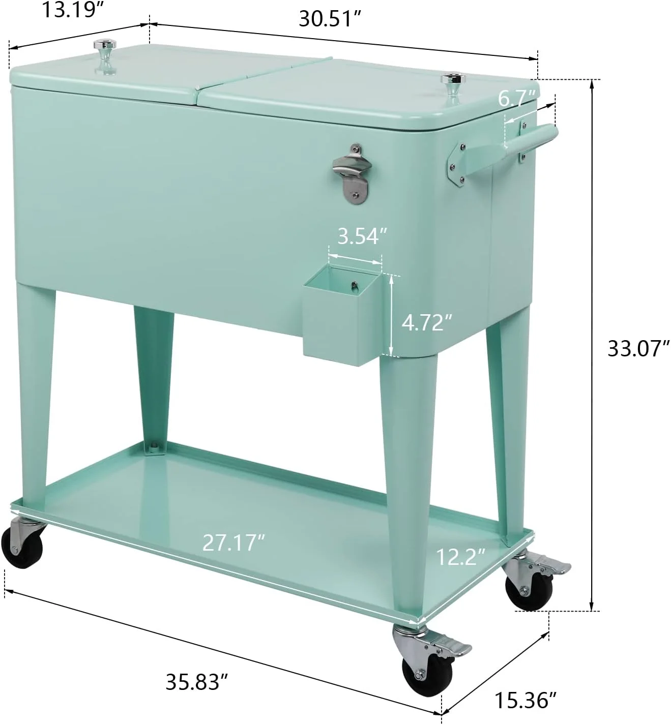 80 Quart Rolling Ice Chest, Portable Bar Drink Cooler with Catch Basin, Bottom Storage Tray and Bottle Opener for Patio Party BBQ Beach Activities - Image 12