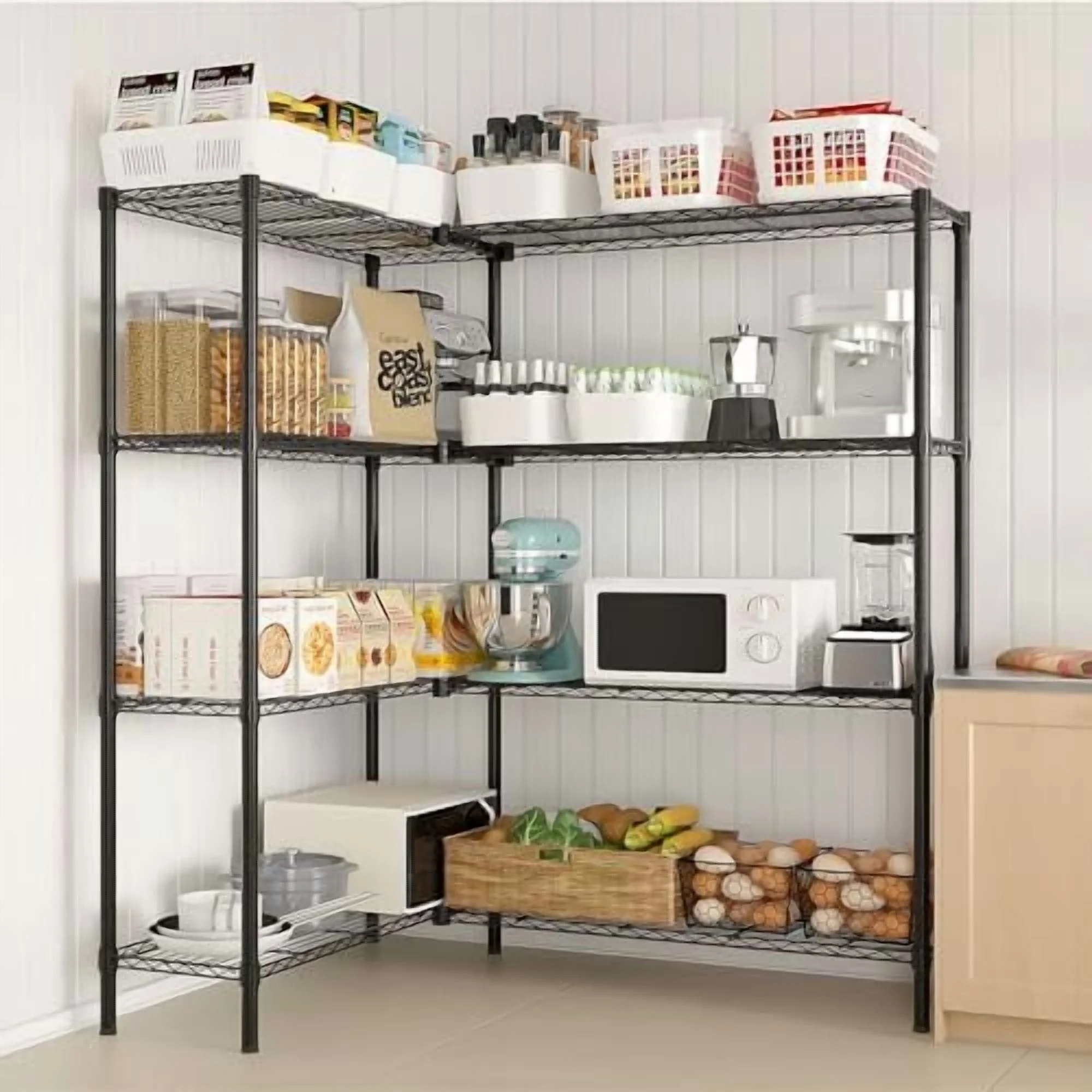 Tier Storage Shelves Standing Shelf Units NSF Wire Garage Organizer Heavy Duty Garage Shelving Unit L Shaped Clothes Rack for Corner Laundry Bathroom Kitchen Pantry Closet (Black, 4 Tire) - Image 6