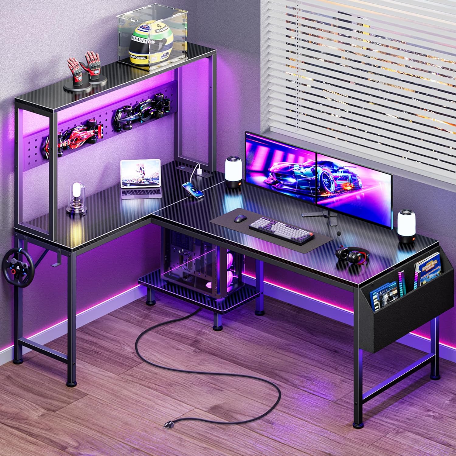 L Shaped Gaming Desk with LED Lights & Power Outlets - Image 8