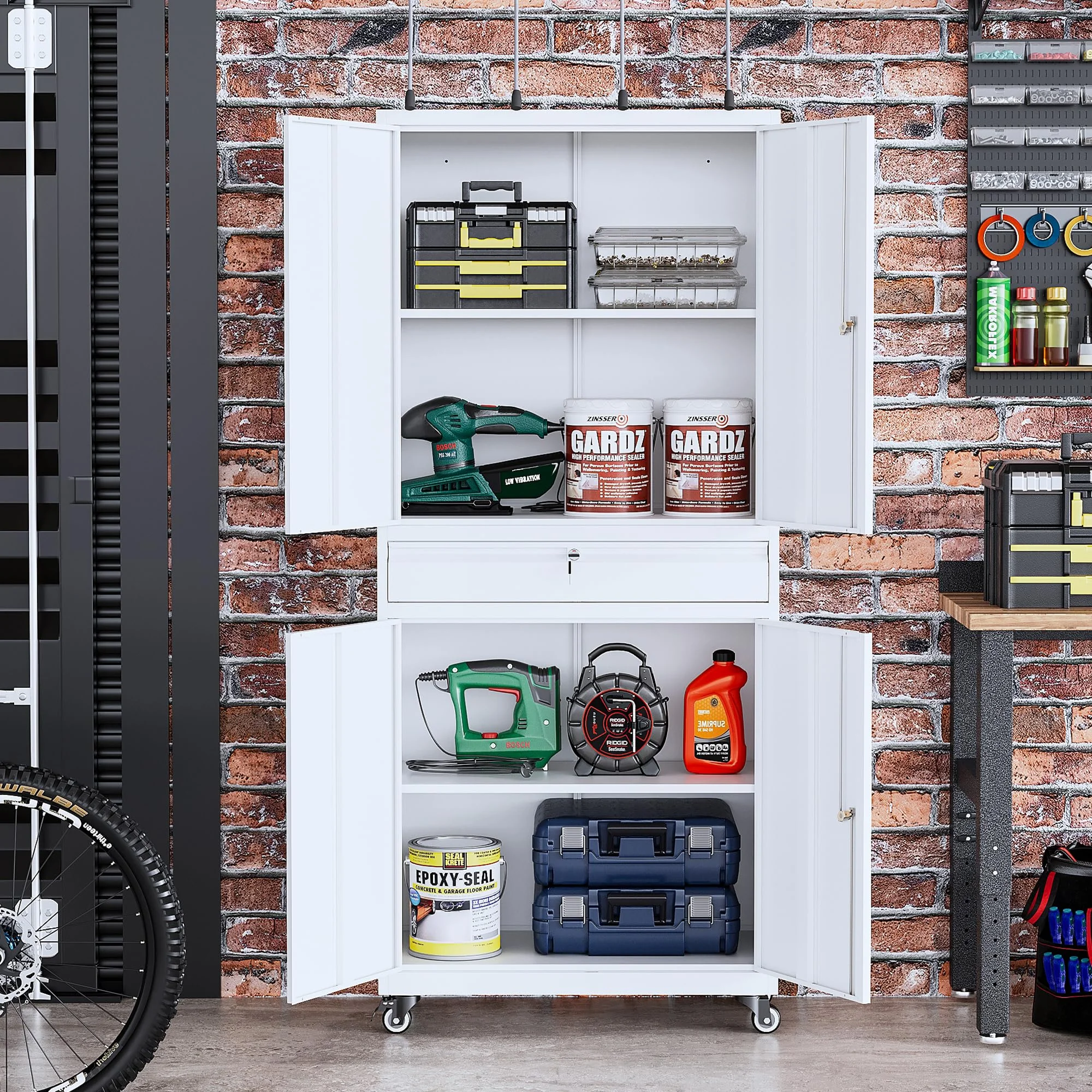 STANI Metal Garage Storage Cabinets with Drawer, 4 Doors Tool Storage Cabinet with 2 Adjustable Shelves, 73"H Rolling Steel Locking Cabinet for Garage Utility Room Home Office (Black, 4 Wheel) - Image 20