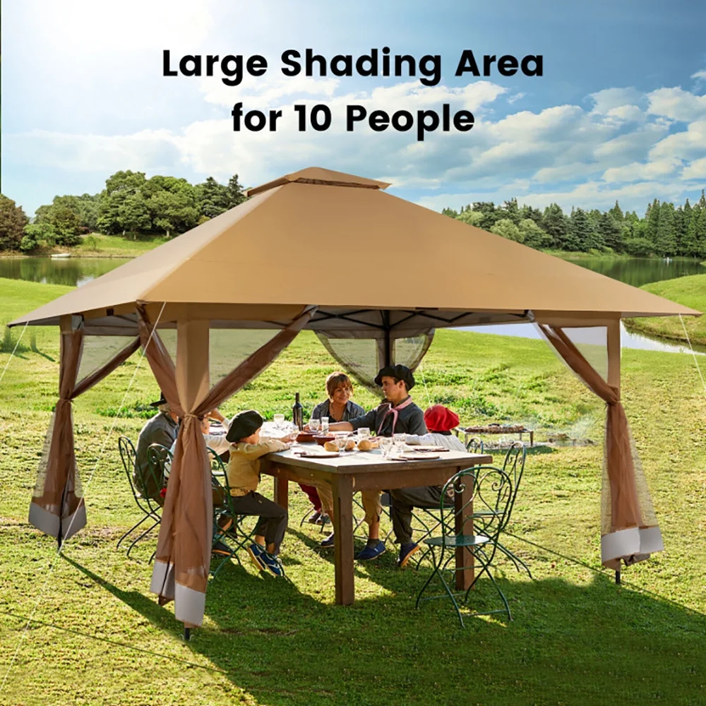 Yardi Yard 13 x 13 Feet Pop-up Instant Canopy Tent with Mesh Sidewall-Coffee, Roof Hardtop Galvanized Steel Top Canopy, Patio Heavy Duty Gazebo for Deck, Backyard - Image 9