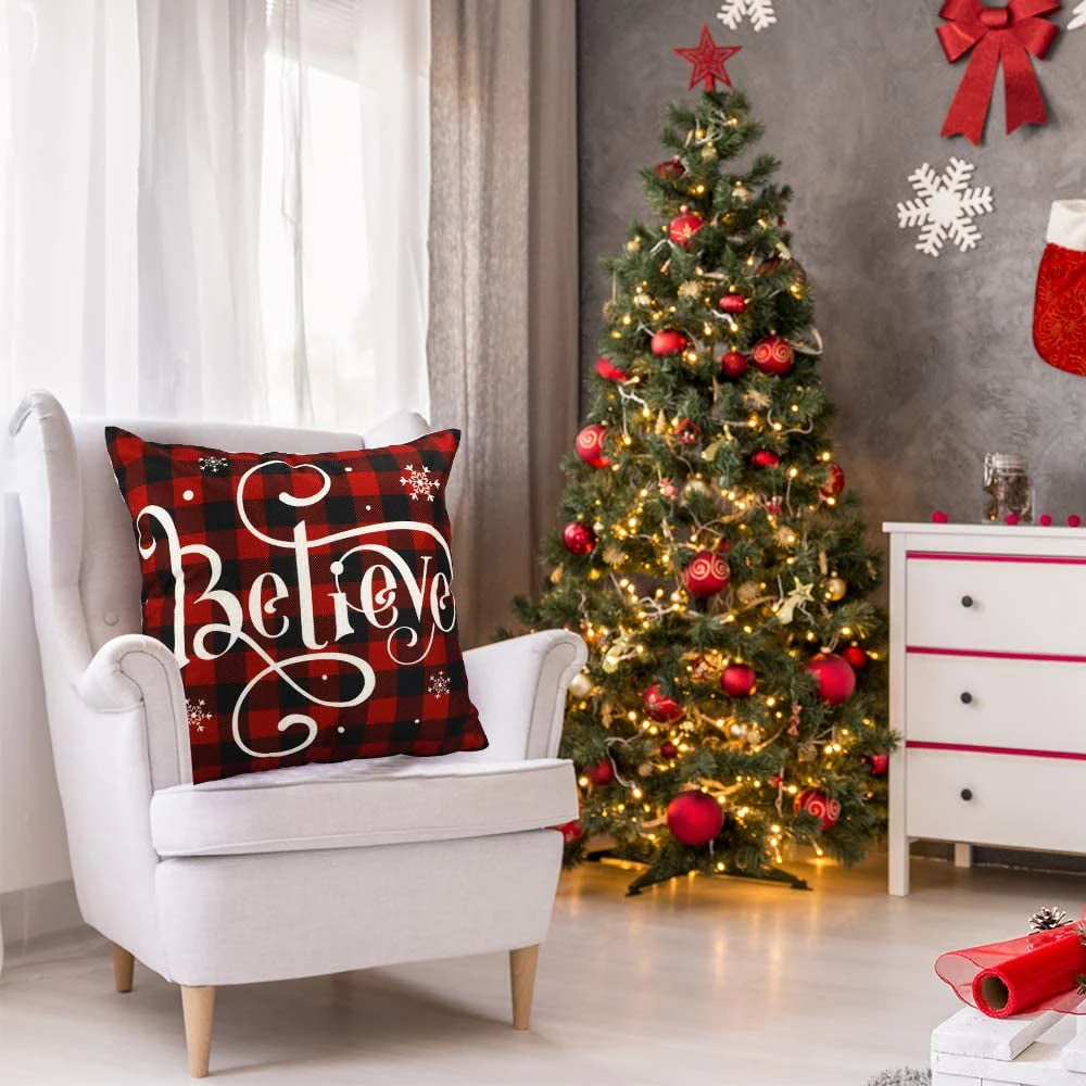 DecorX Christmas Pillow Covers 18x18 Set of 4 Farmhouse Black and Red Buffalo Check Plaid Throw Pillow Covers Outdoor Rustic Linen Pillow Case for Sofa Couch Christmas Decorations - Image 4