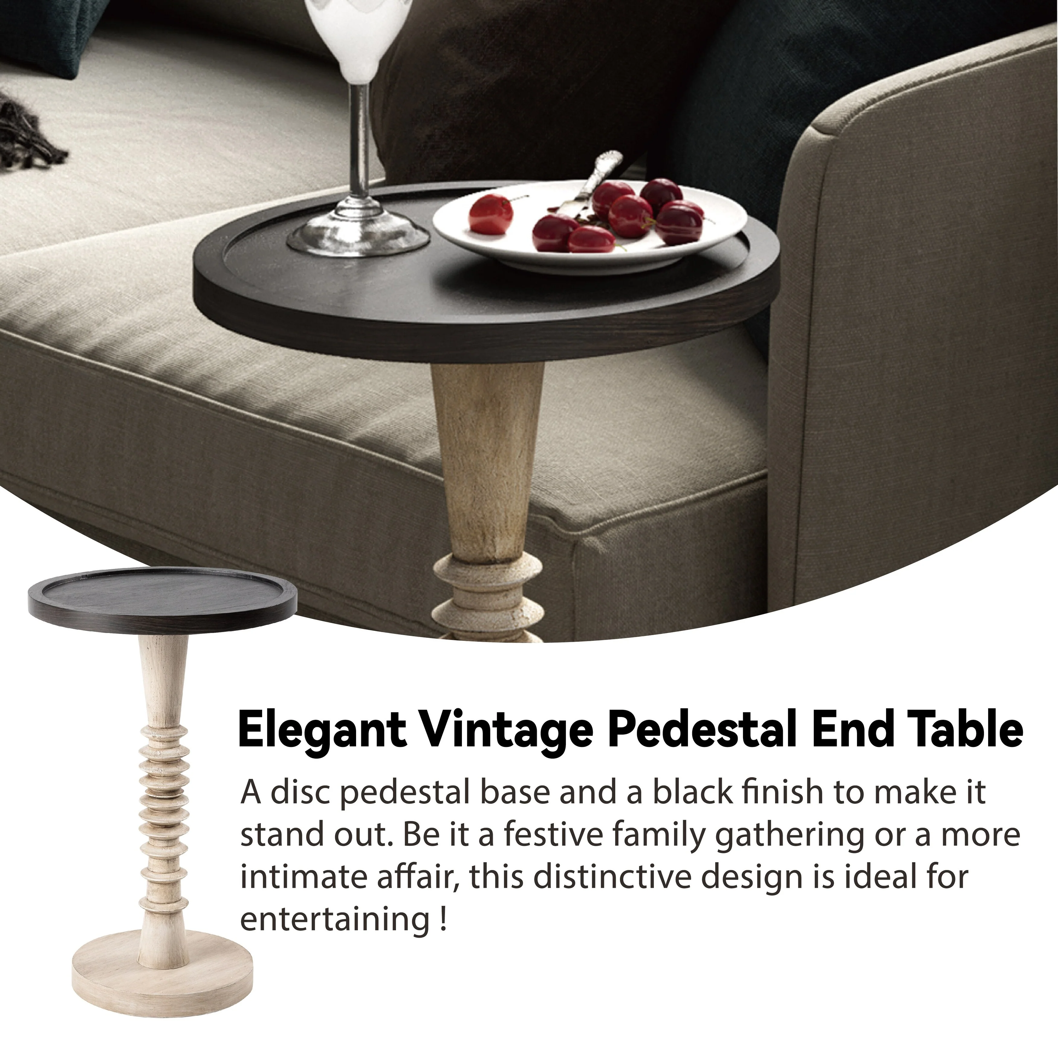 Small Pedestal End Table with Tray Top, Farmhouse Distressed Finish Accent Table - Image 12